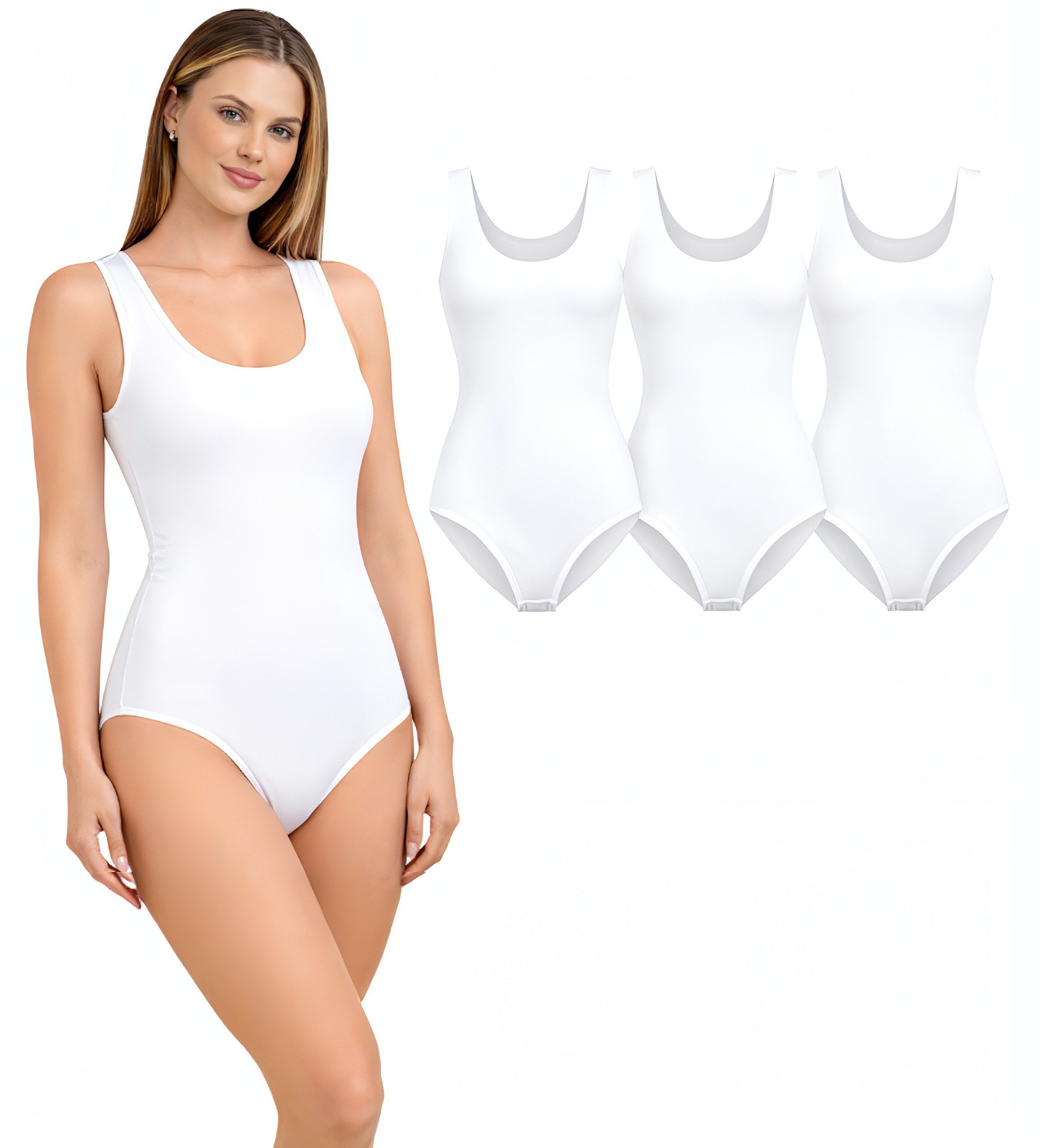 fashionshowcase Body Damen Trägerbody 3er Pack Baumwolle Stretch mit Hakenverschluss (3-tlg) glatte Verarbeitung für unsichtbares Tragen unter Kleidung