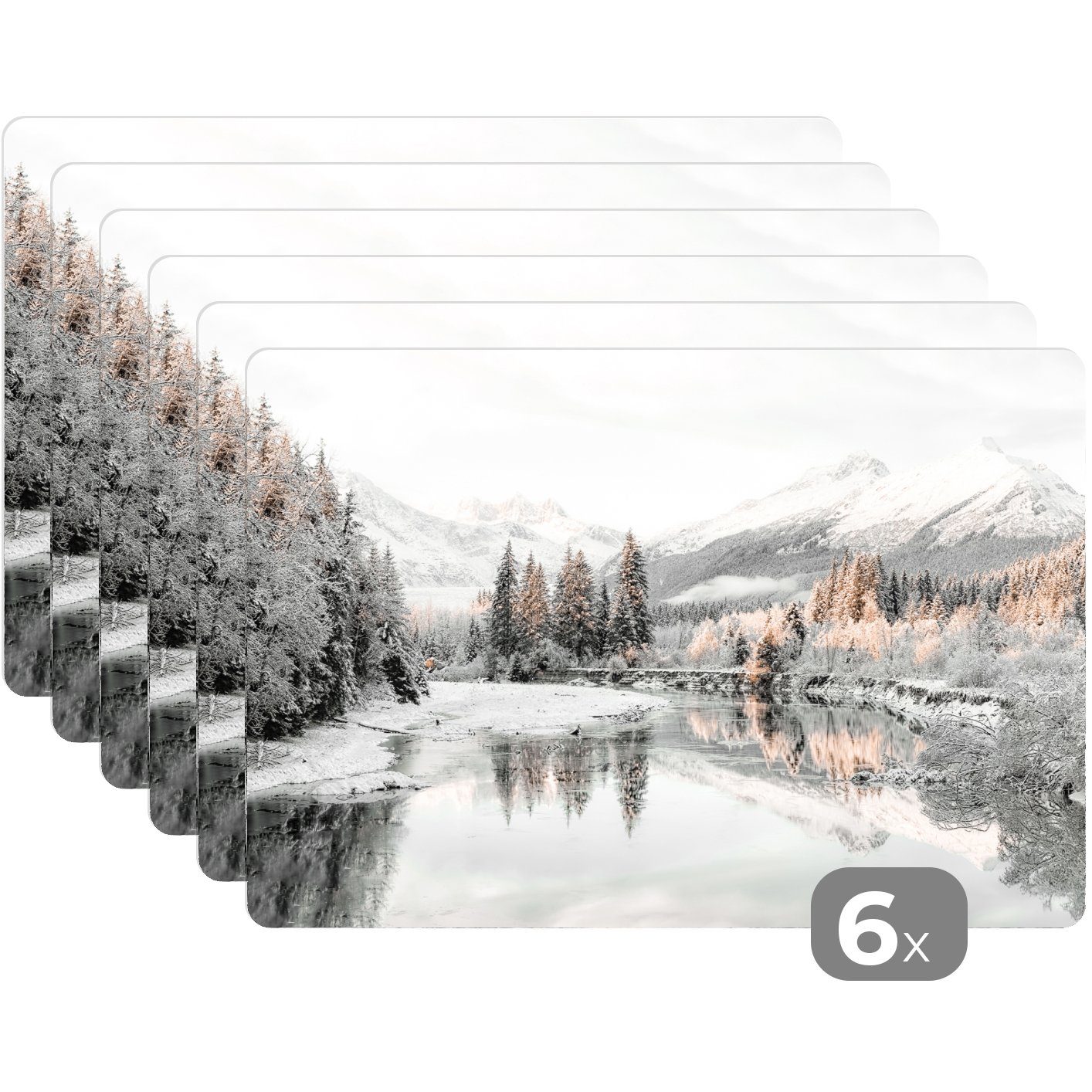 MuchoWow, Natur - Platzdecken, Platzmatte, (6-St), Platzset, - Tischmatten, Schmutzabweisend Berge - Platzset, Bäume Winter - Schnee,