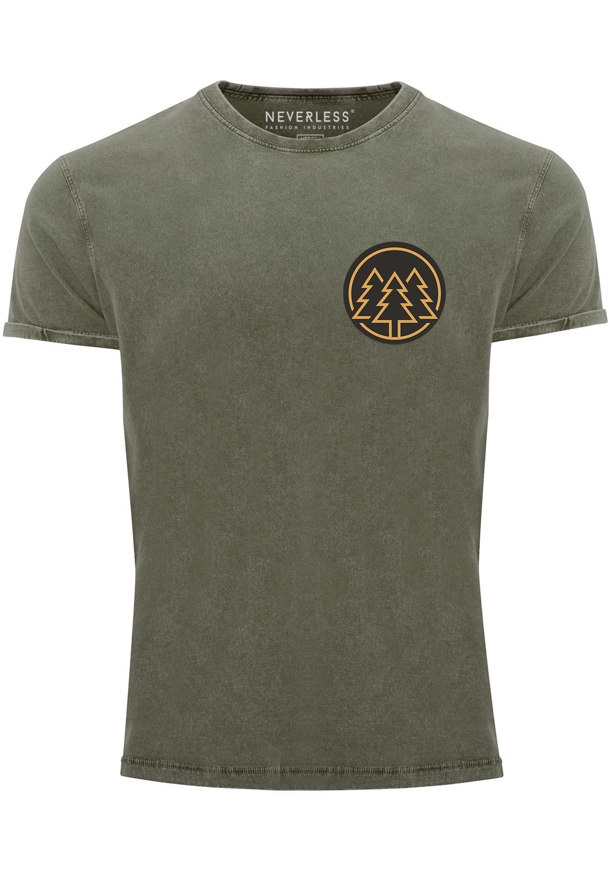 Neverless Print-Shirt Herren Vintage Shirt Logo Print Wald Bäume Outdoor Motiv Printshirt T- mit Print oliv