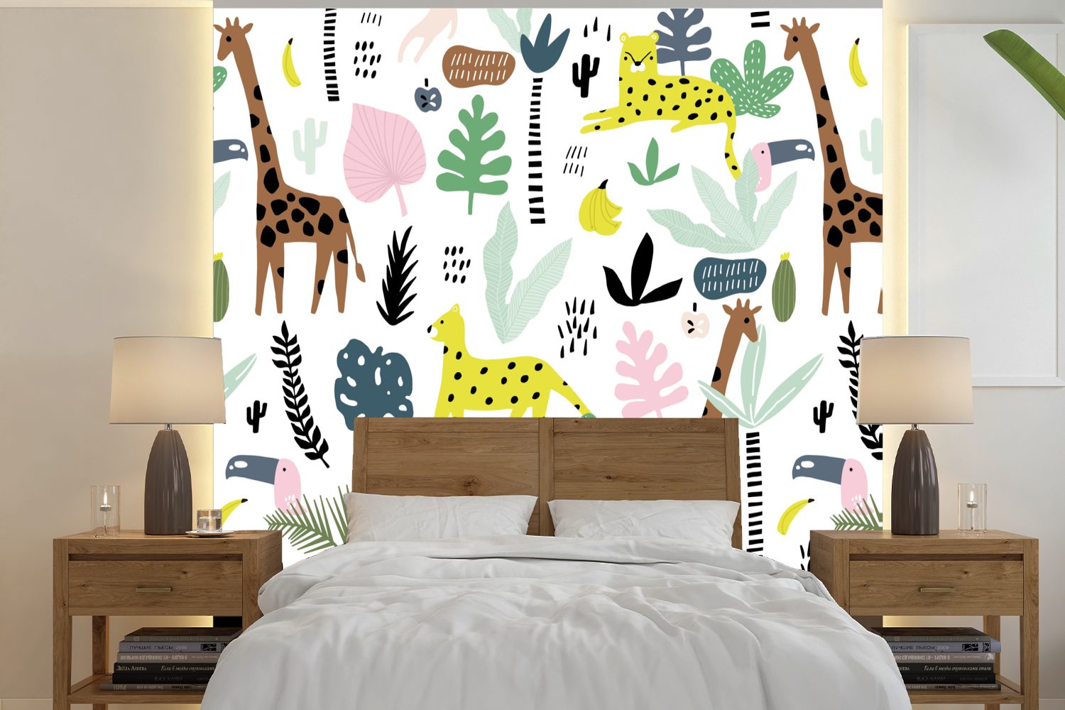 MuchoWow Fototapete Dschungel - Giraffe - Affe, Matt, bedruckt, (5 St), Vinyl Tapete für Wohnzimmer oder Schlafzimmer, Wandtapete