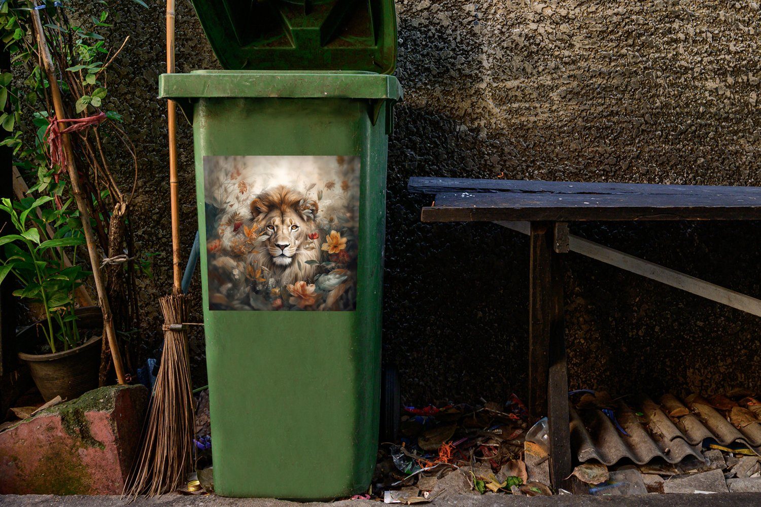 Container, Pflanzen MuchoWow St), (1 Sticker, Wildtiere - - Mülltonne, Löwe Abfalbehälter Mülleimer-aufkleber, - Wandsticker - Natur Blumen