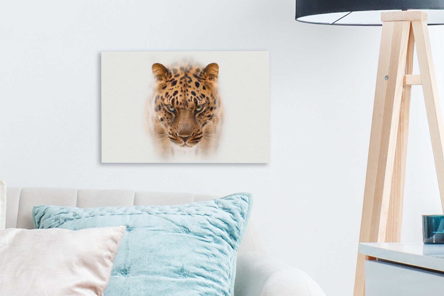OneMillionCanvasses® Leinwandbild Leopard - Leinwandbilder, cm Gesicht, Wanddeko, (1 St), Aufhängefertig, Weiß - 30x20 Wandbild