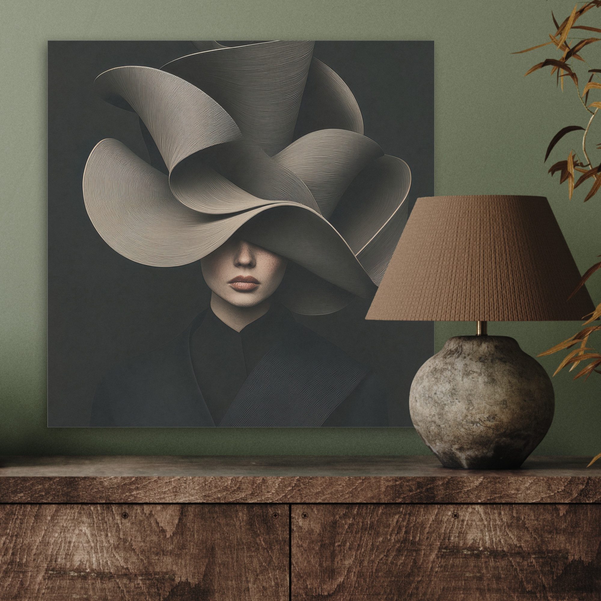 MuchoWow Gemälde Schwarz - Hut - Frau, Fotodruck (1 St), Akustikbilder PET-Filz, Wandpaneele, Akustikpaneele 40x40 cm