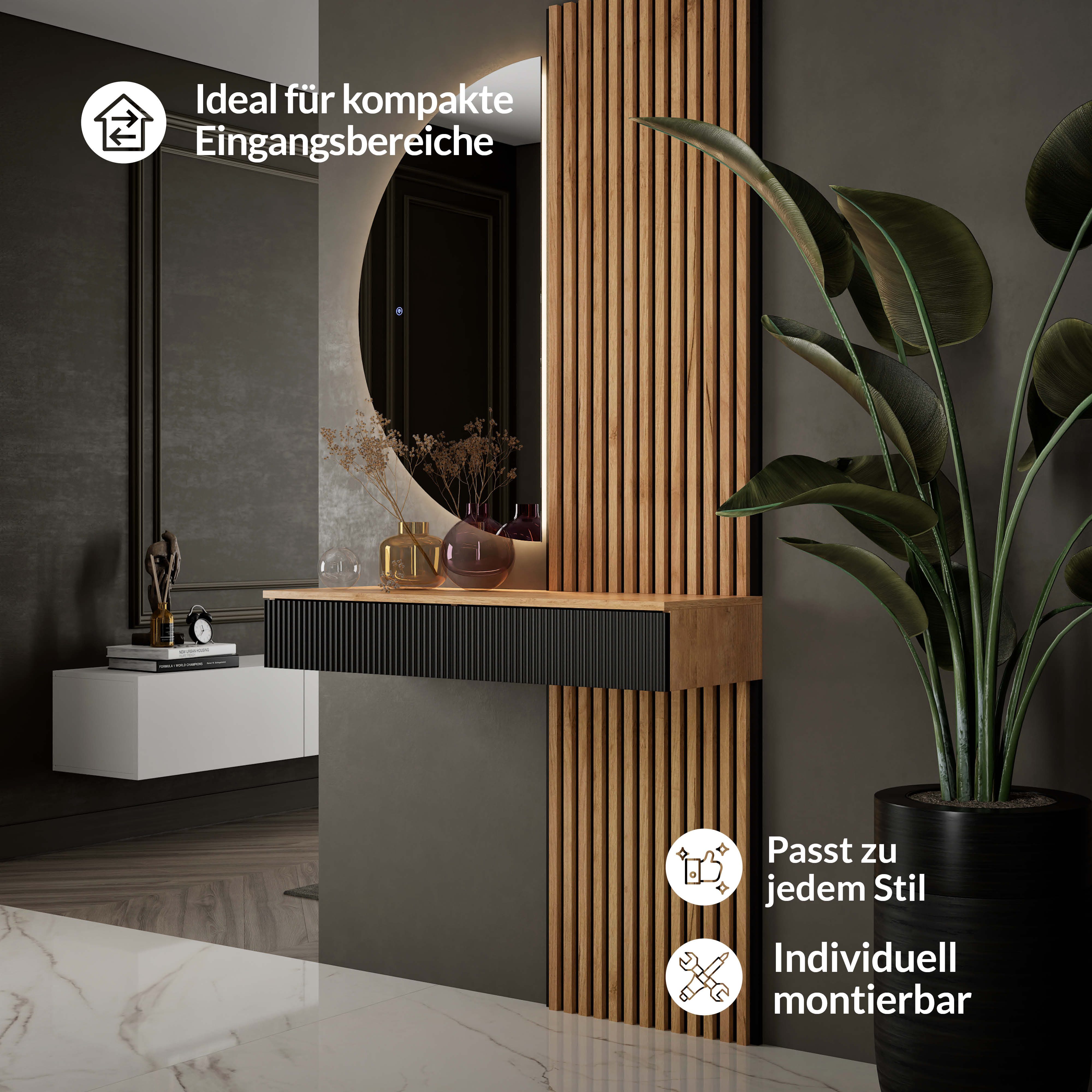 Planetmöbel Konsolentisch AMYRA Flurtisch mit Schublade (Wandmontage, 100 x 16 x 35 cm, 1-St., Gold Eiche - Schwarz), Wand-Konsole für Garderobe, Flur und Schmi – Bild 4 von 5