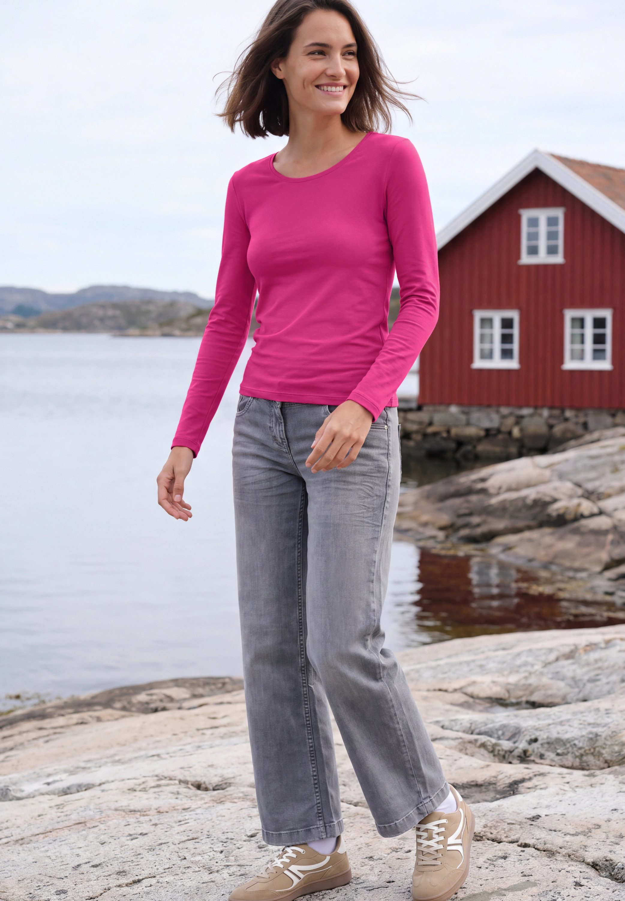 CECIL Langarmshirt Style Pia unifarben, Baumwolle, Rundhalsausschnitt