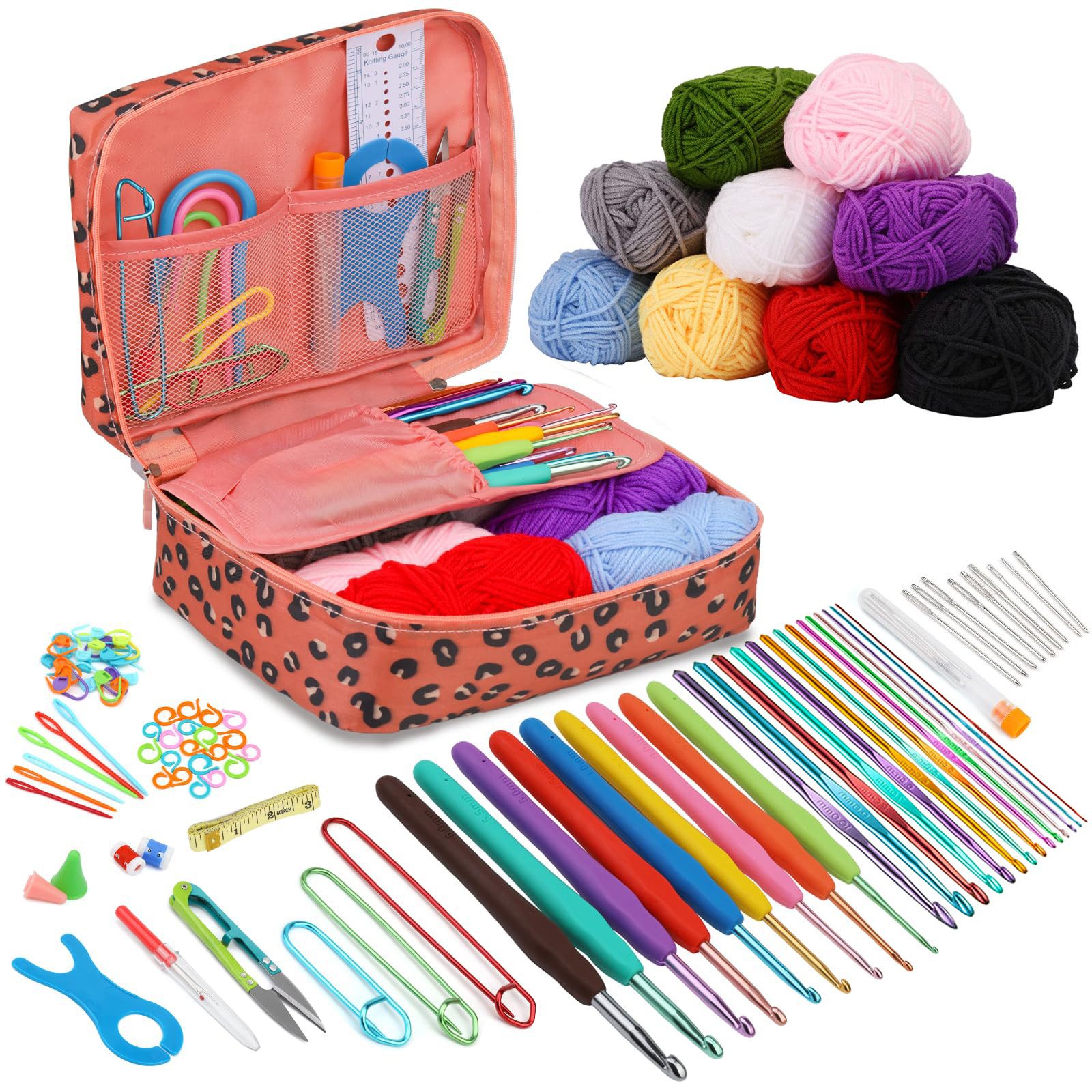 RWEUOQ Häkelnadeln Häkelnadel Set mit Garn und Strickzubehör 102-teilig inklusive Tasche, ergonomische Nadeln mit weichem Gummigriff, Aufbewahrungstasche mit mehreren Fächern für Reisen und unterwegs, Ideal für Anfänger oder Häkelfans
