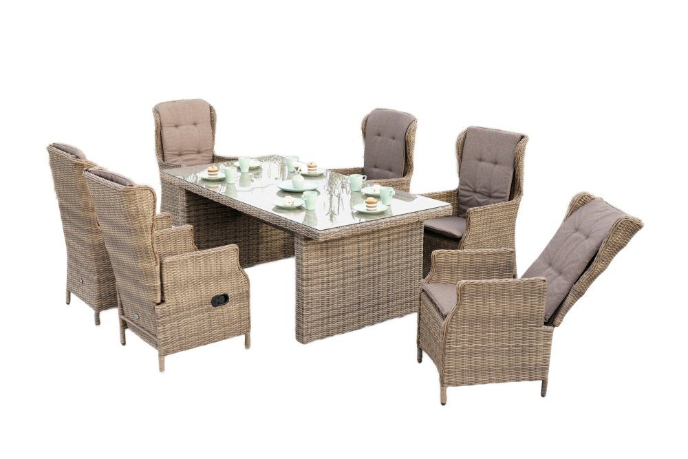 Gartenmöbel Ambiente Garten-Essgruppe Alanya Set 13tlg., (7tlg., 6 Кресла, 2 Кресла verstellbar durch Gasdruck, 1 Tisch), Кресла mit hoher Lehne, 2 Кресла verstellbar durch Gasdruck