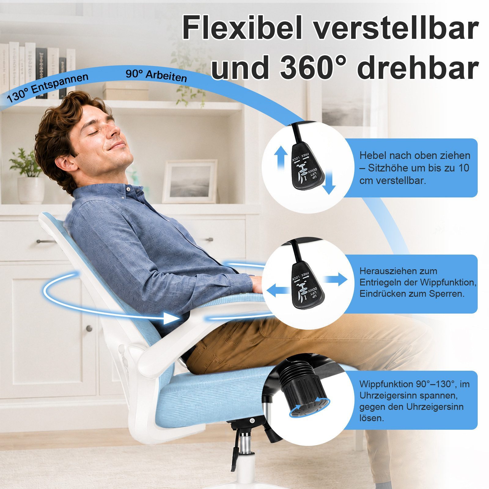 Durrafy Bürostuhl Ergonomischer Bürostuhl,Schreibtischstuhl mit klappbaren Armlehnen, Chefsessel mit 150 kg Tragfähigkeit – Bild 4 von 5