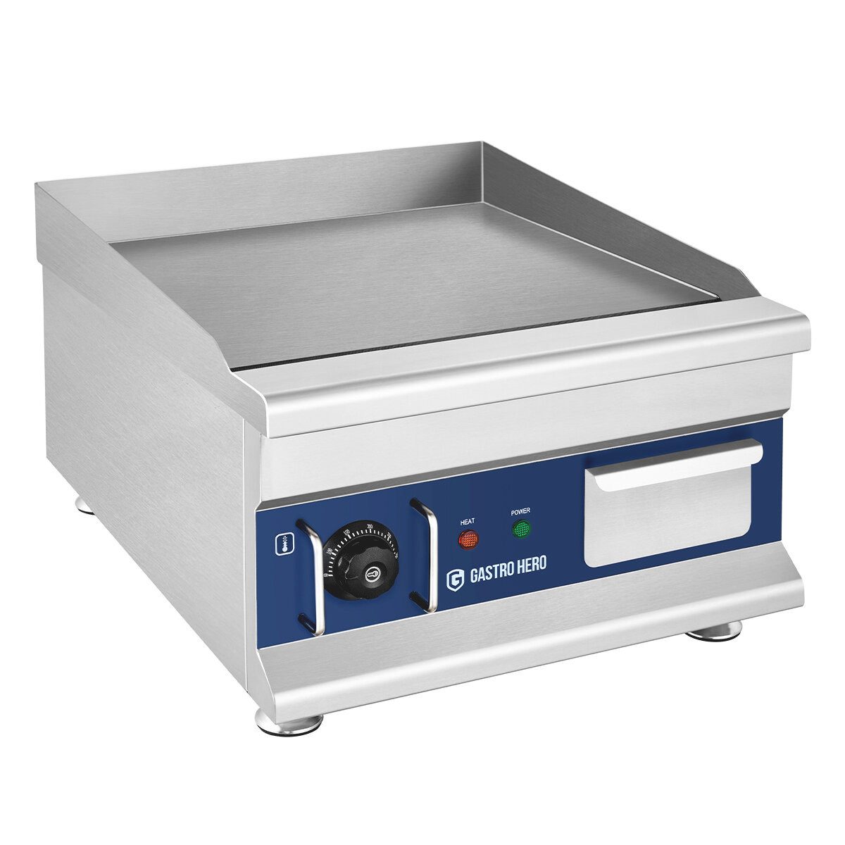 GastroHero Elektrogrill Elektro Grillplatte glatt 410 mm 2,5 kW Tischgerät Edelstahl, 2500 W, Fettfangrinne, Spritzschutz, frontseitige Bedienelemente
