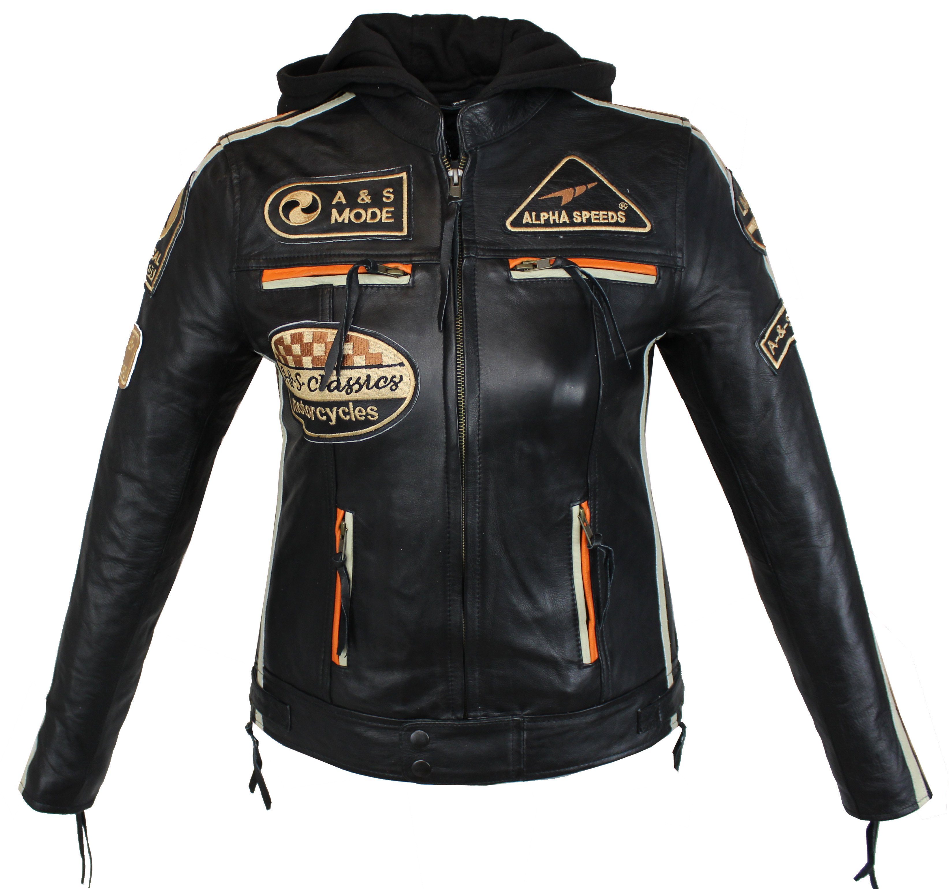 Alpha Highway Speeds trennbaren Kapuze) Protektoren & Damen Freizeit Besch Orange (mit Jacke einem Lammleder, inklusive Biker einem weichem aus Motorradjacke Lederjacke