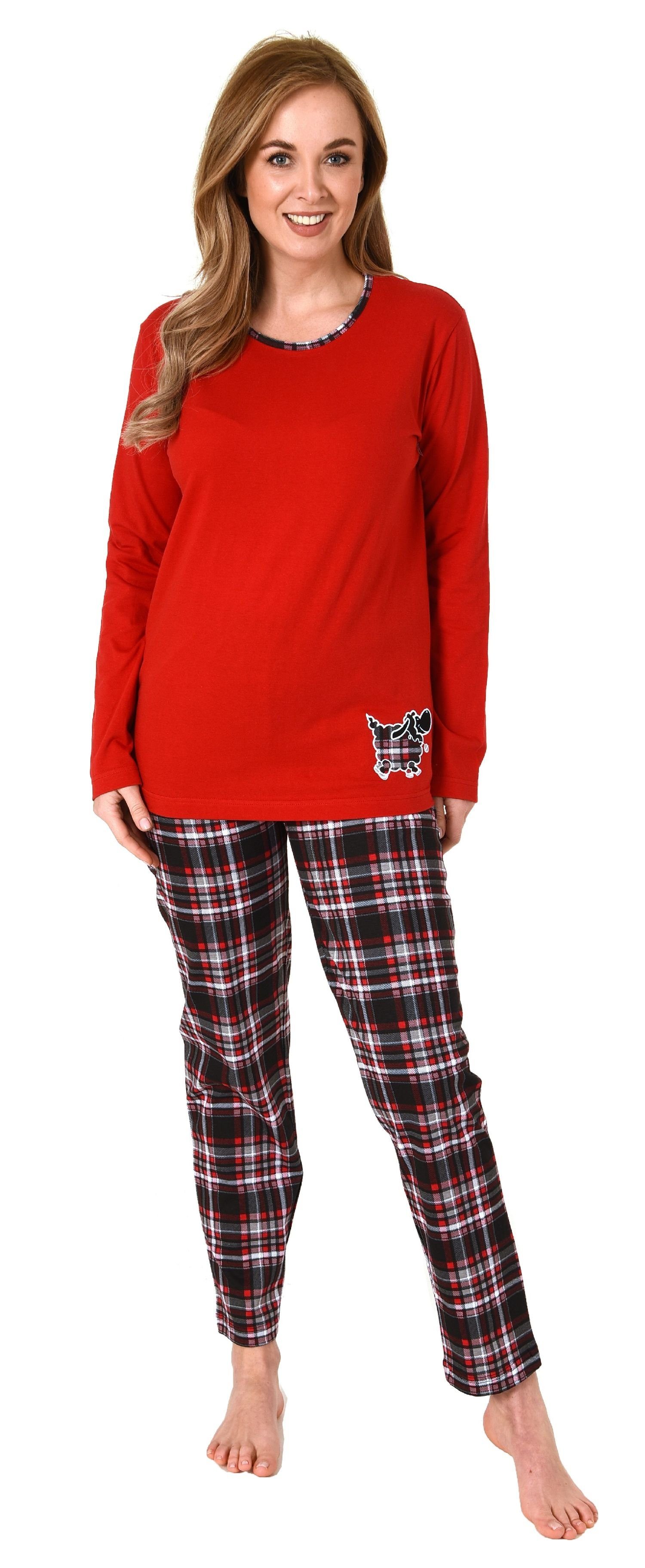 Normann Pyjama Damen Pyjama mit Karohose und süssen Tiermotiv - auch in Übergrößen rot