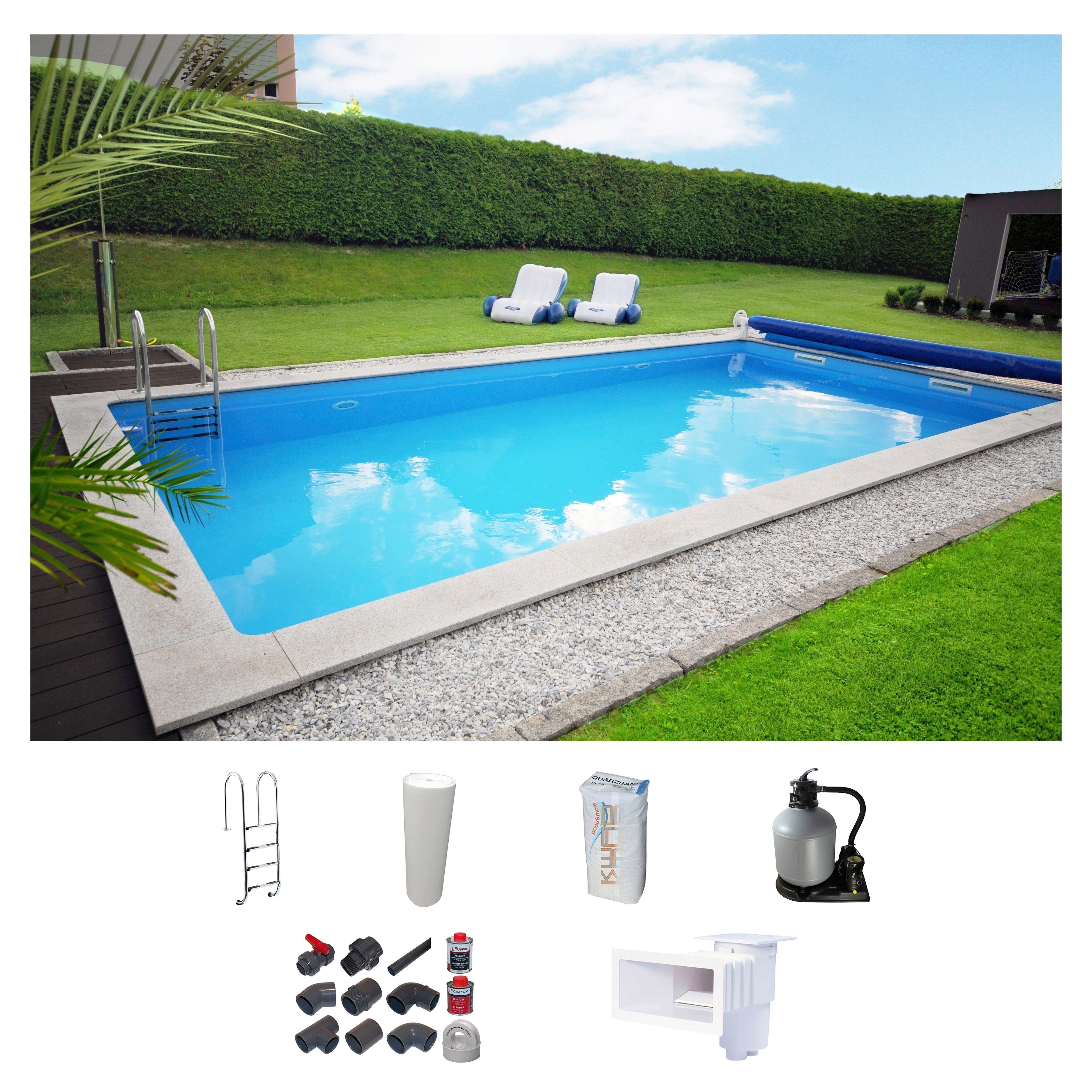 KWAD Rechteckpool mit Edelstahlleiter (Set), 8x4, 7x3,5 oder 6x3m Höhe: 1,50m, mit Foliensack 0,6mm