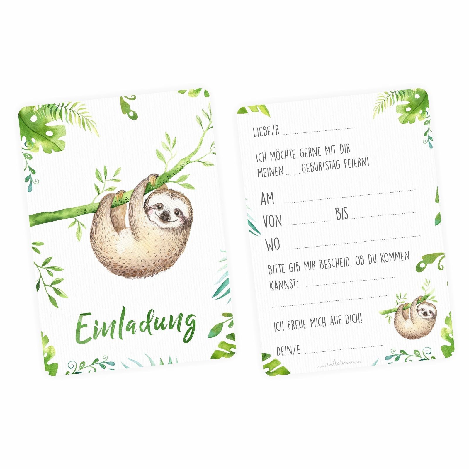 nikima Einladungskarten 10 Einladungskarten Faultier Dschungel grün inkl. 10 Briefumschlägen