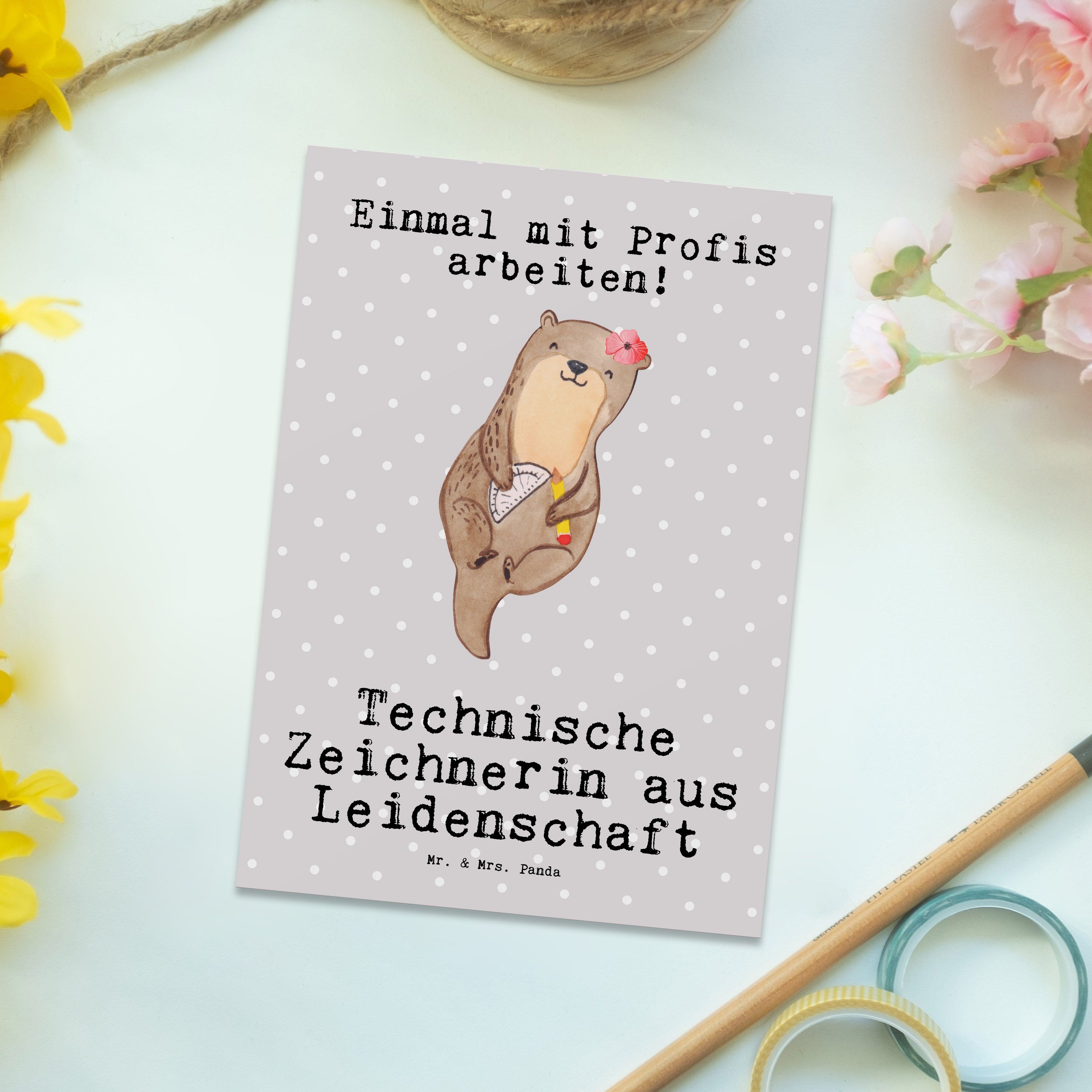 Technische Mr. Mrs. aus Geb Leidenschaft Postkarte Panda Geschenk, & - Zeichnerin Pastell Grau -
