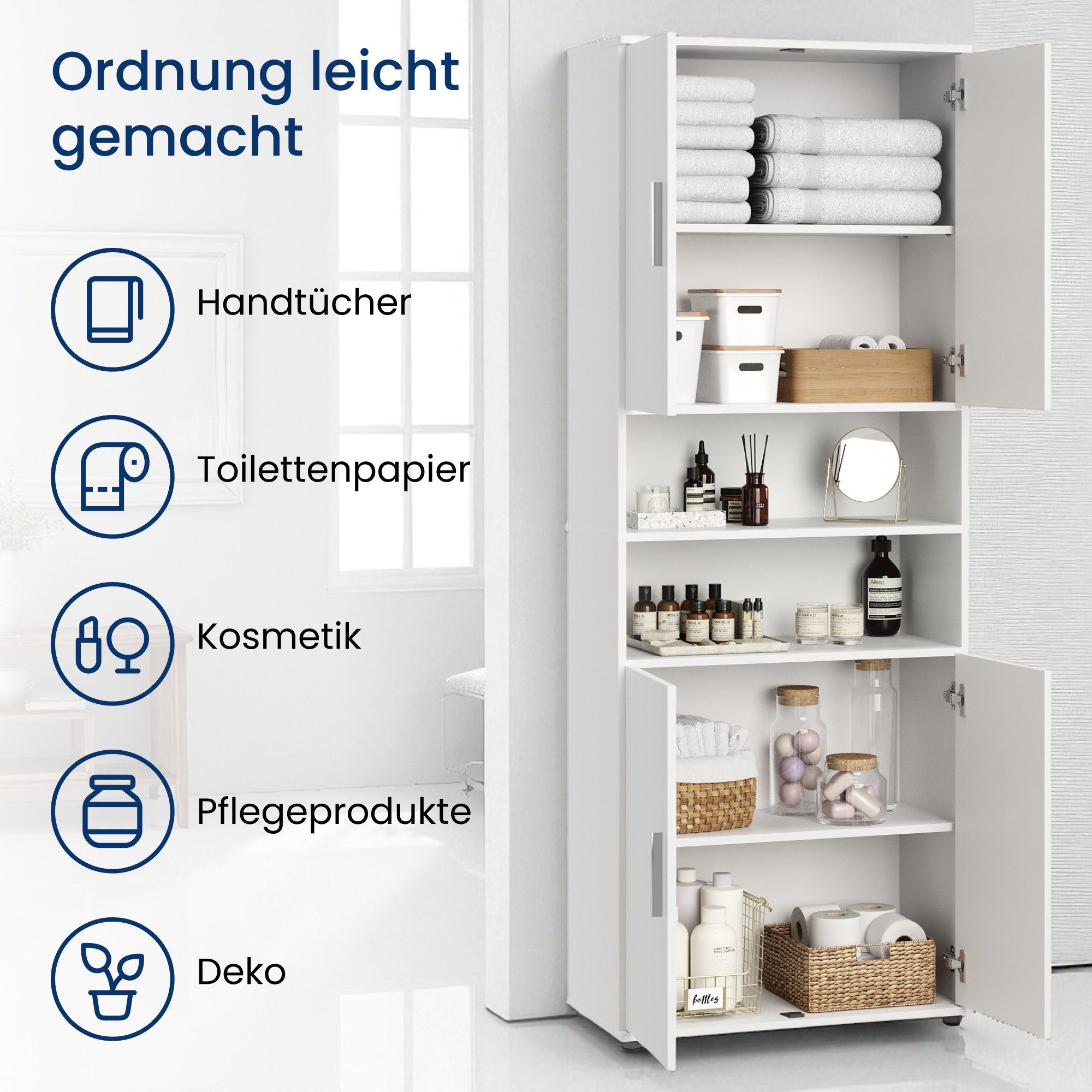 Home Collective Badkommode Badezimmerschrank Hochschrank 6 Fächer – robust & pflegeleicht, 70x35x187 cm (BxTxH), Weiß, 4 Türen, pflegeleicht & viel Stauraum – Bild 3 von 5