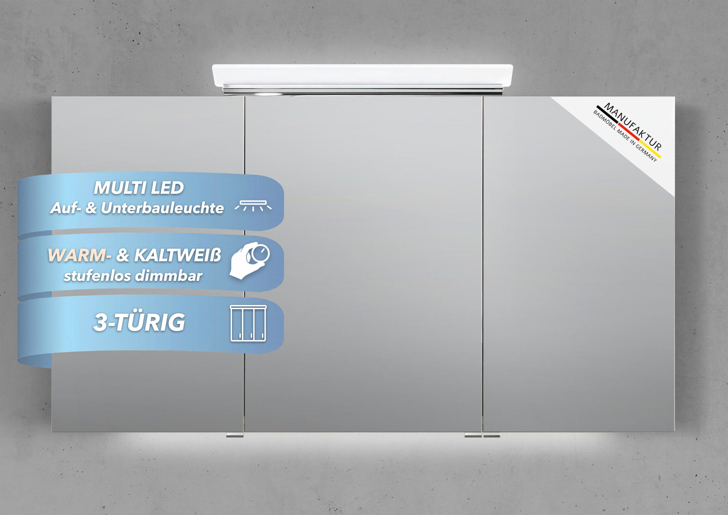 Intarbad Badezimmerspiegelschrank 3-türiger Spiegelschrank mit großflächiger MULTI LED Aufsatzleuchte (Doppelspiegeltüren, Holz-/ Lackdekore, Maße von 120 bis 140 cm wählbar, Höhe 70 cm, Glasfachböden, Magnetleiste & Kosmetikspiegel Ø 12 cm) dimmbar, Vormontierte Lieferung, 160 kg Traglast, Made in Germany