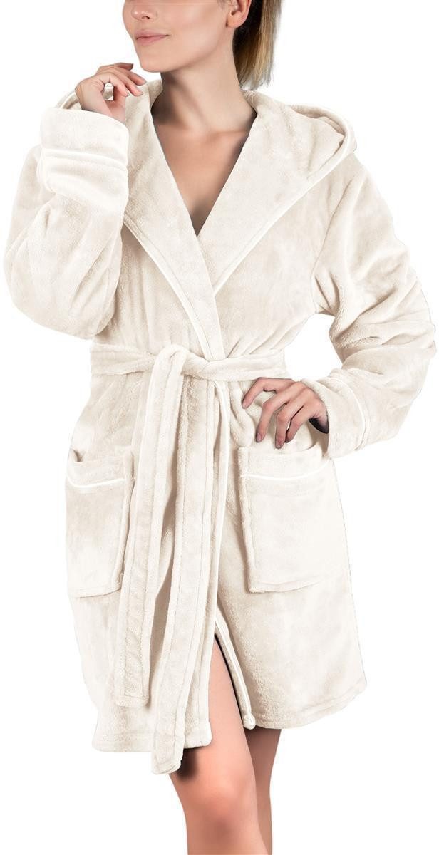 Gräfenstayn Damenbademantel Bademantel Damen flauschig Kapuze Kuschelfleece kurz XL Creme, warm & kuschelig, Knielang, Fronttaschen, Gürtel, S-XXL
