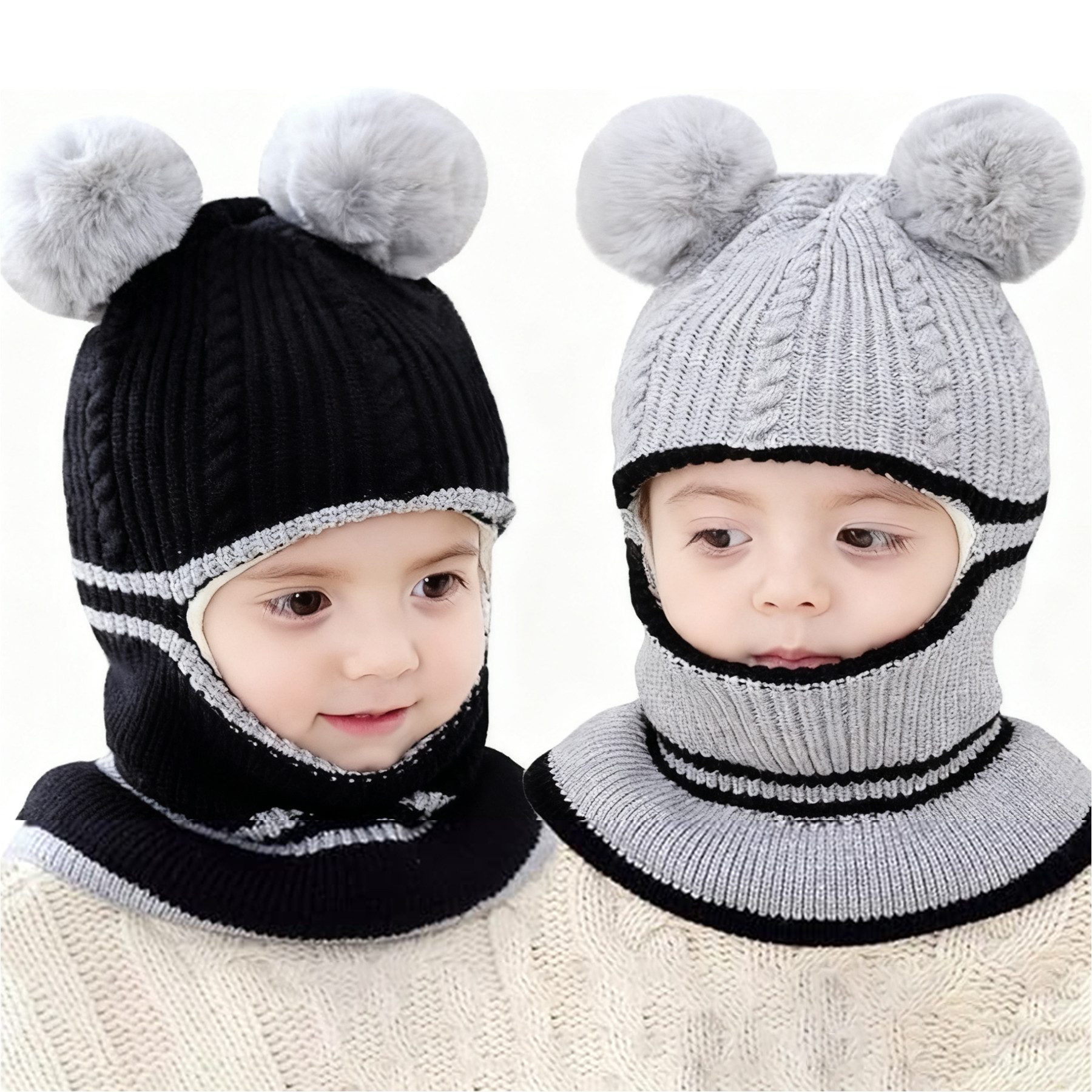 Mutig Schlupfmütze Baby Unisex Mütze 2 Stück Süßer Bär Kleinkind Earflap Beanie Warm (Kindermützen Herbst Wintermütze für 1-6 Jahre)