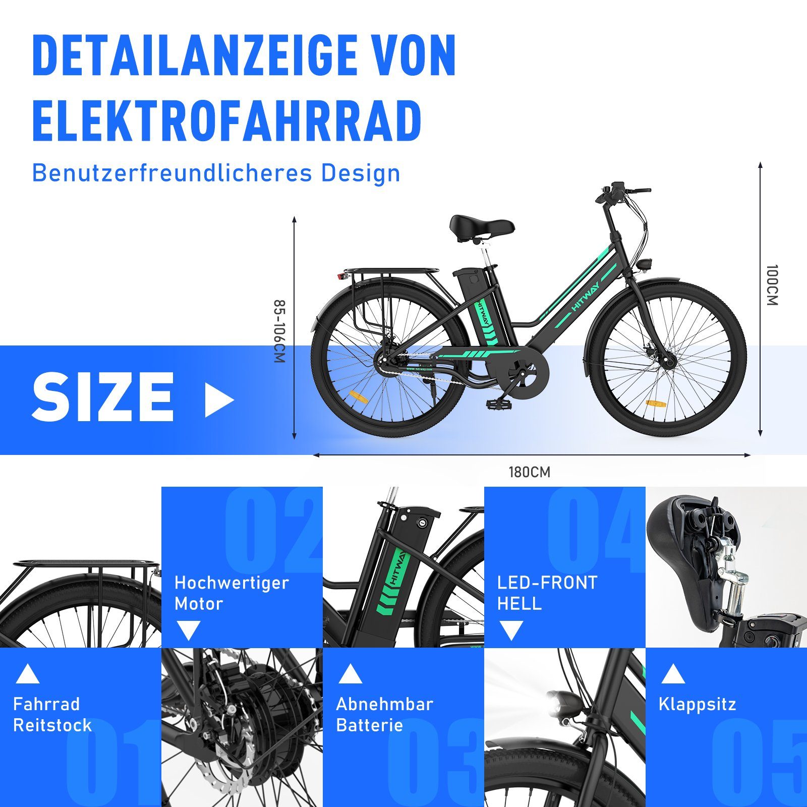 HITWAY Abnehmbarer Schwarz 36V8.4AH E-Bike, Hollandräder 250W Akku E-fahrräde