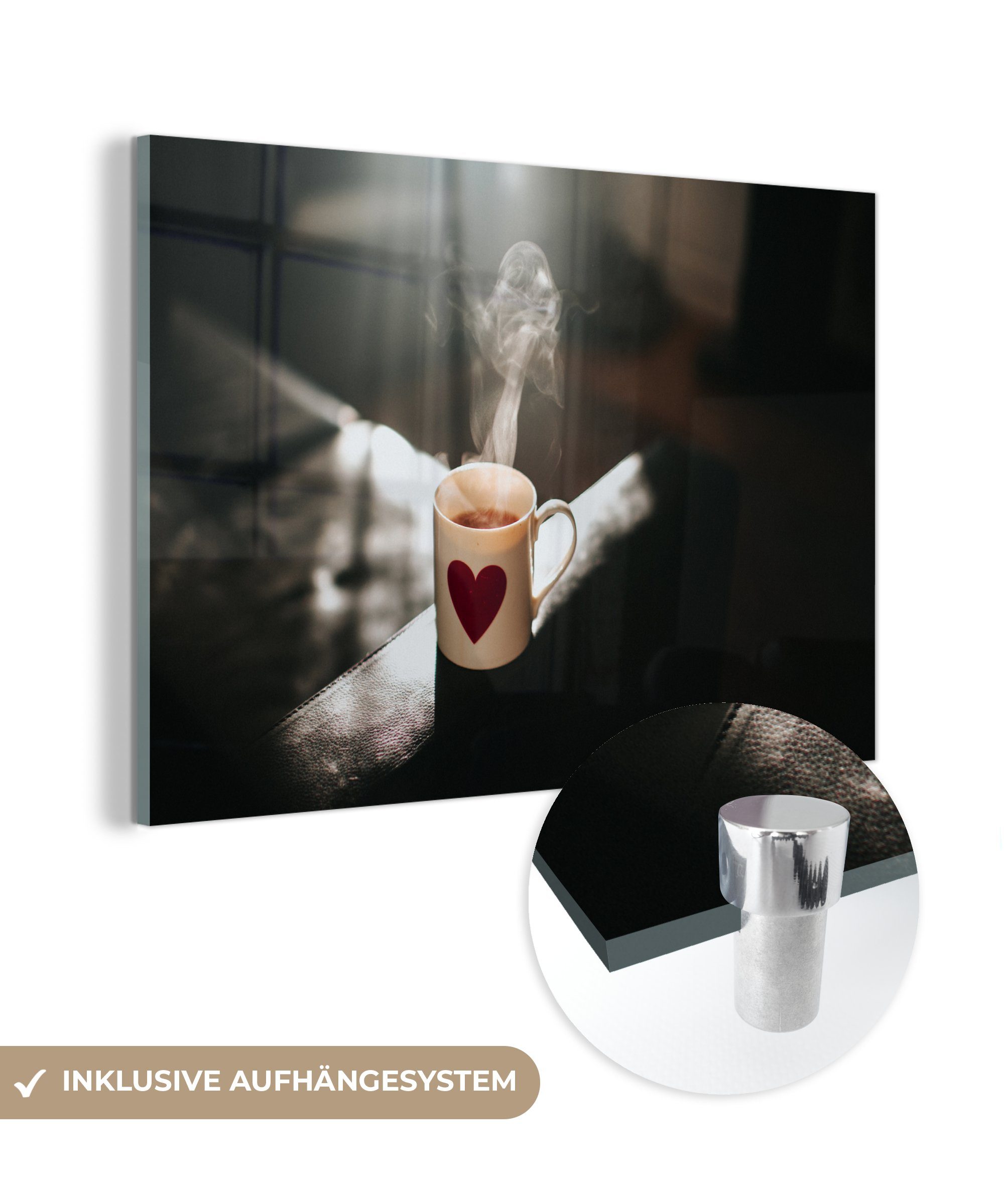 MuchoWow Acrylglasbild & Schlafzimmer St), Tee heiße Tasse Herz, einer Acrylglasbilder Wohnzimmer in mit Tasse einem Eine (1