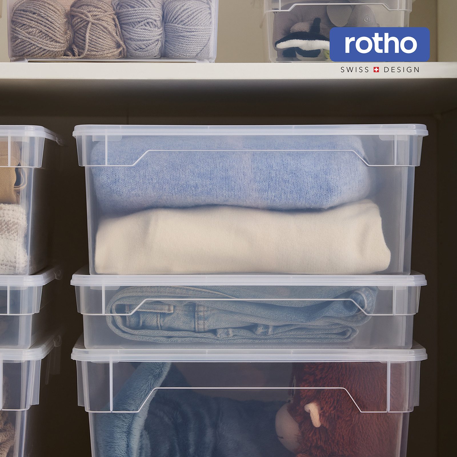 ROTHO Stapelbox Clear Box 18L Aufbewahrungsbox transparent stapelbar mit Deckel (4er-Set, 4 St., Stapelboxset)