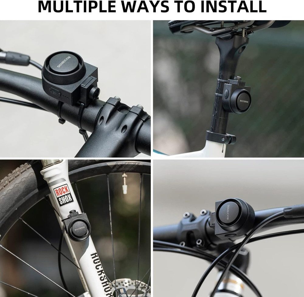 ROCKBROS Fahrradklingel elektrisch, 115dB, Diebstahlalarm, Bewegungssensor, Vibration, schwarz