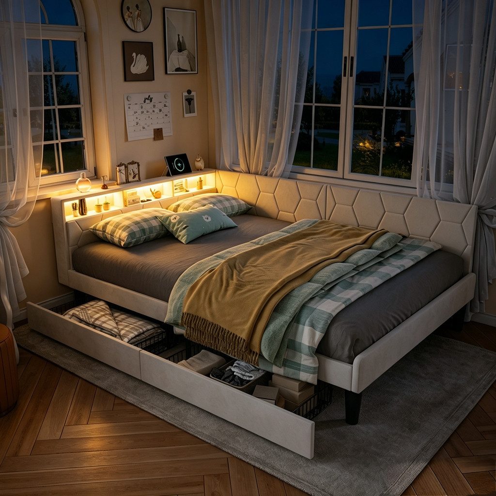 Simurq Polsterbett Daybett mit LED-Beleuchtung und USB, Schlafsofa Tagesbett Jugendbett (1 tlg, ohne Matratze), Sofabett, Doppelbett mit …