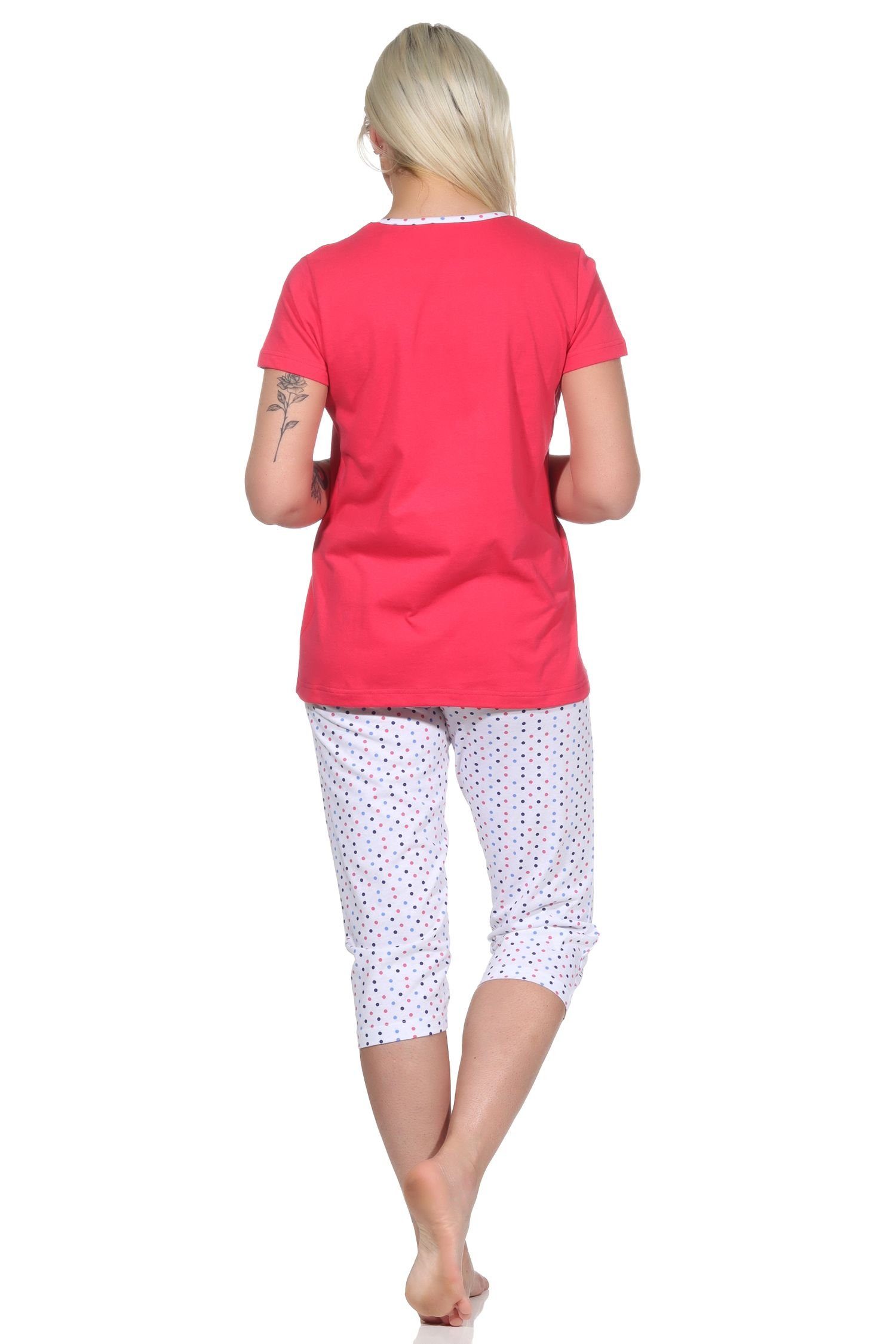Normann Pyjama Damen Pyjama, Front-Print Punkten mit rot Capri Schlafanzug und