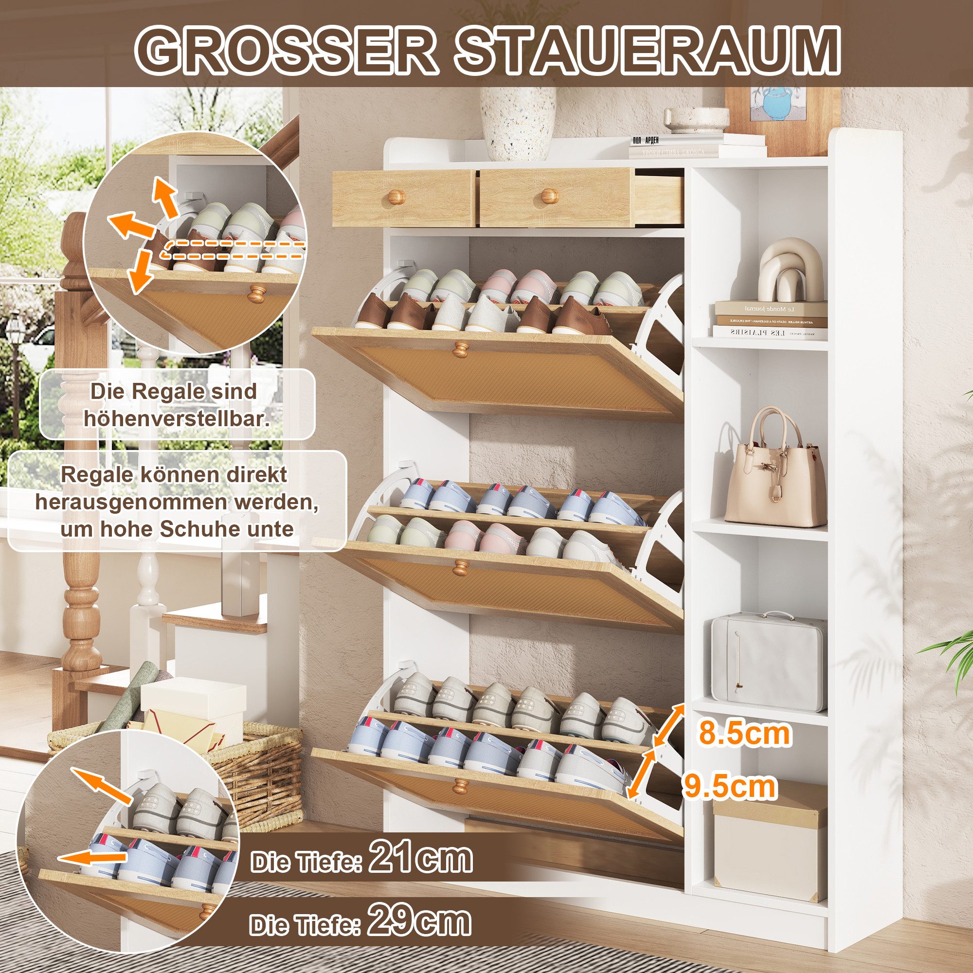 i@home Schuhkipper Schmaler Schuhschrank aus Rattan mit 3 Klappfächern, verstellbaren Einlegeböden, seitlichen offenen Ablagen, 90×24×103 cm