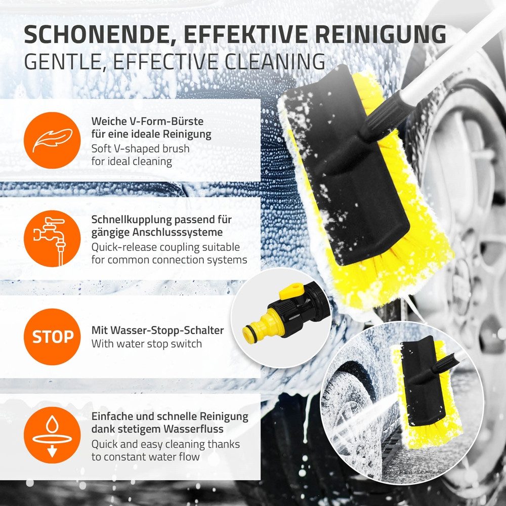 ECD Germany Autowaschbürste Bürste mit Aluminium Teleskop Verlängerungstab Auto Reinigungsbürste, Waschbürste mit Wasserzulauf und An/Aus Schalter PKW LKW SUV W – Bild 5 von 5