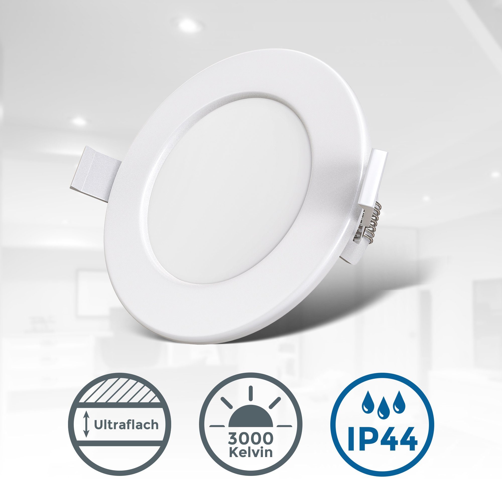 Einbauleuchte BK_EL1274 450 Ultra Bad-Einbauleuchten, LED integriert, LED Ø11,5cm, 9er Warmweißes Set, fest Ø10cm Flach, 3.000 Weiß, IP44, Lochbohrung, K LED B.K.Licht Licht Lm, Warmweiß,