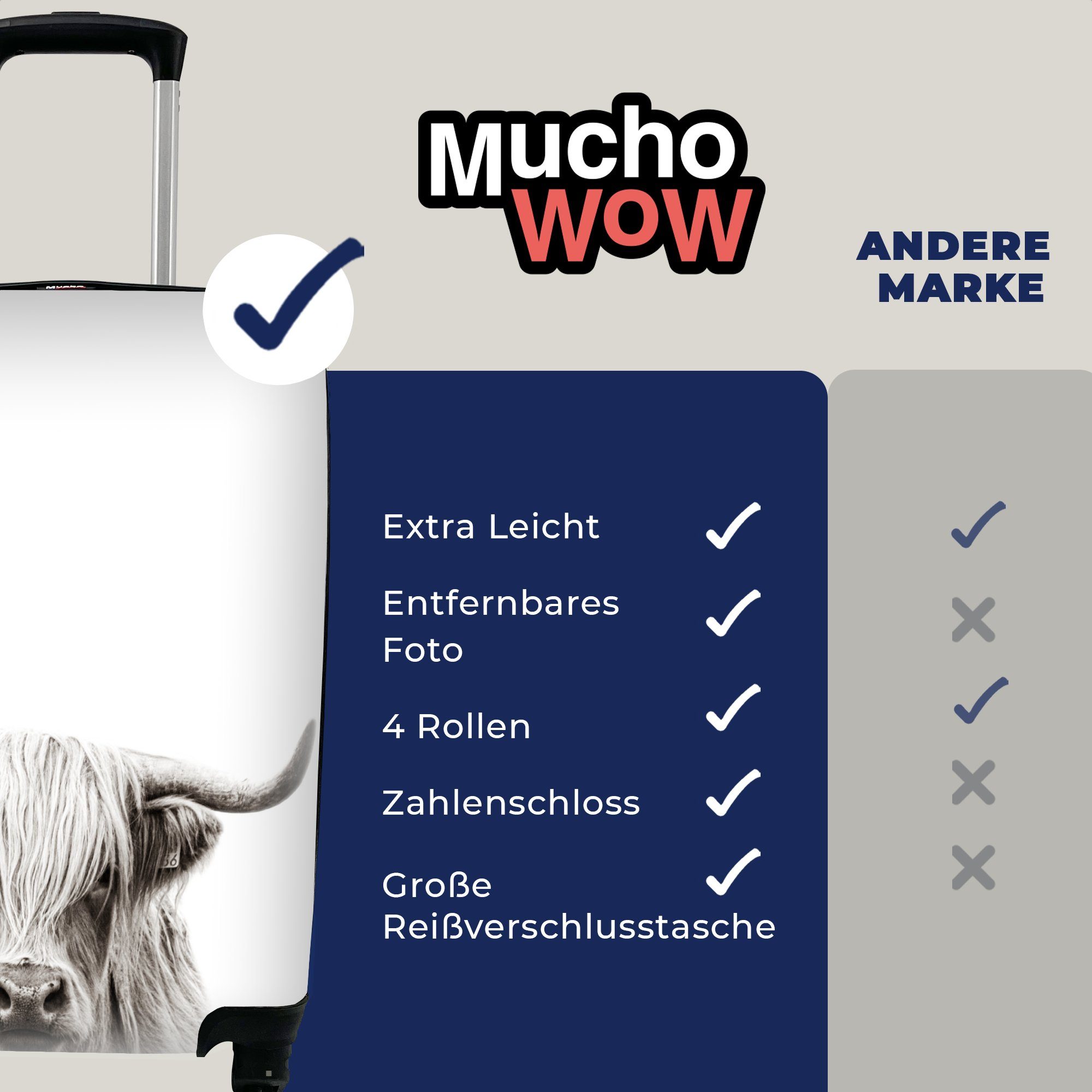 MuchoWow Handgepäckkoffer Schottischer 4 Trolley, Ferien, Tiere - Weiß, Rollen, für - Reisekoffer Handgepäck Highlander Schwarz Reisetasche mit rollen, 