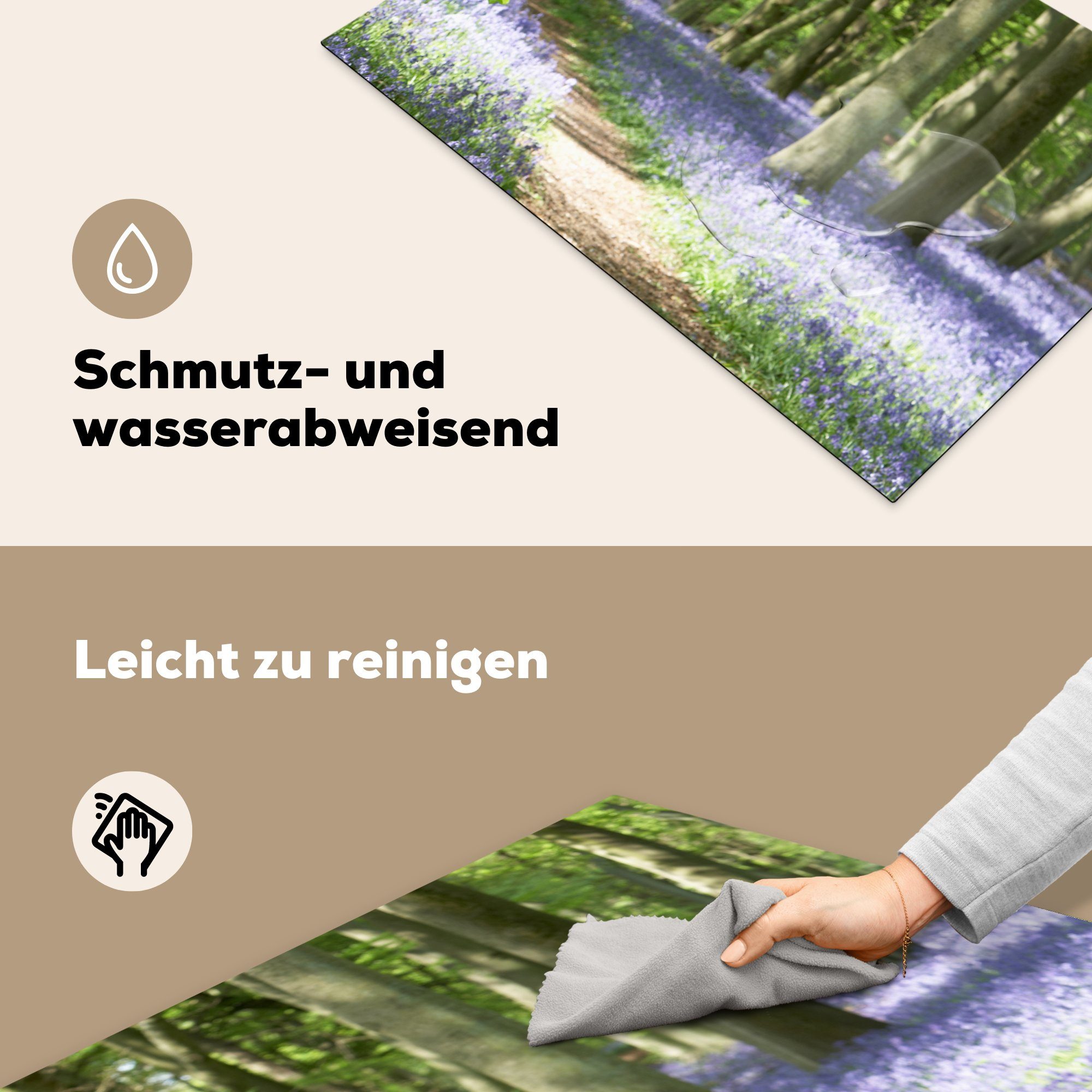 - Arbeitsplatte Herdblende-/Abdeckplatte MuchoWow Natur, Lila (1 Vinyl, 77x51 Ceranfeldabdeckung, - Grün - küche Blumen für tlg), - - Wald Weg cm,