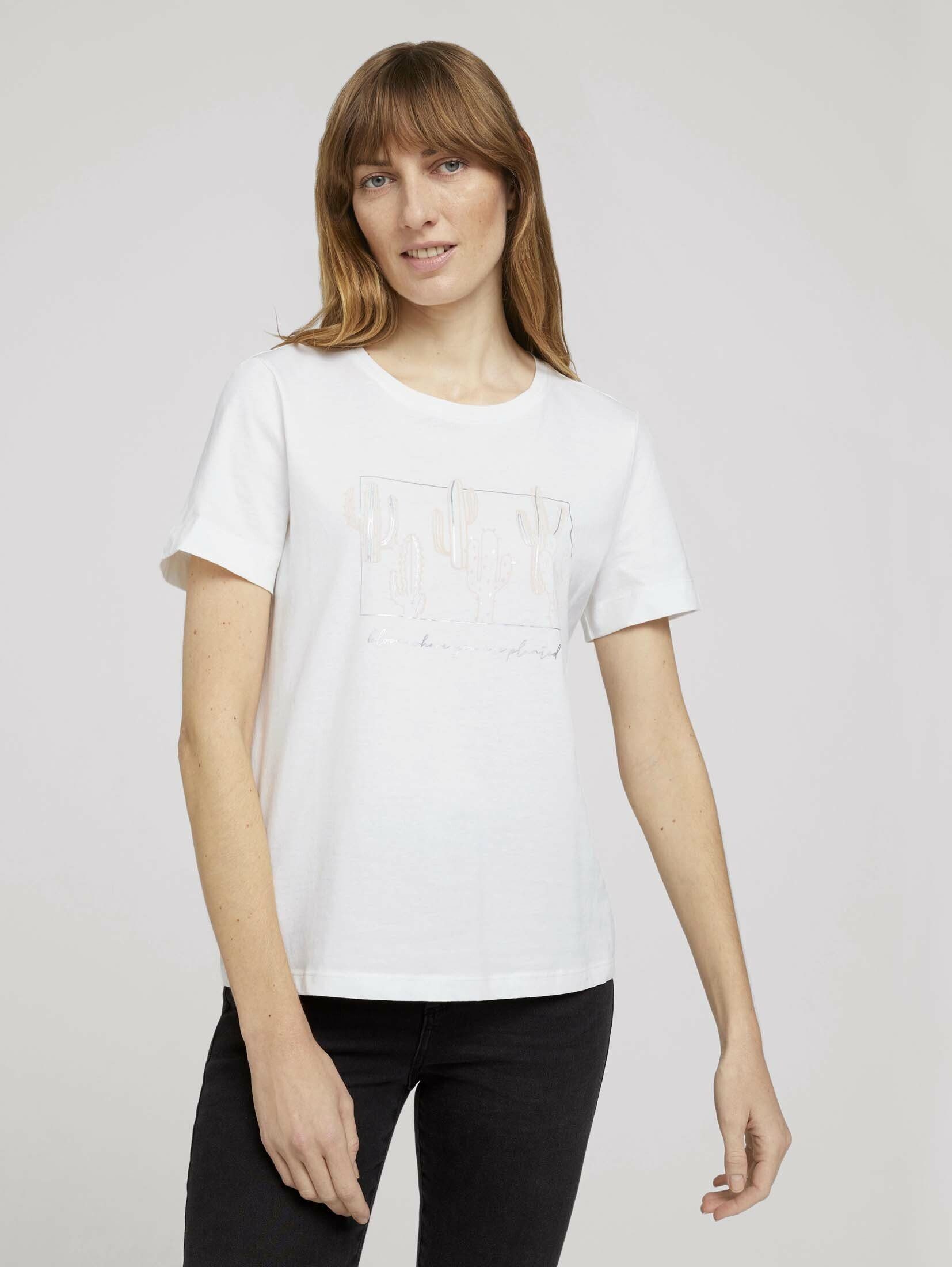 TOM TAILOR T-Shirt Print T-Shirt mit Bio-Baumwolle Off White
