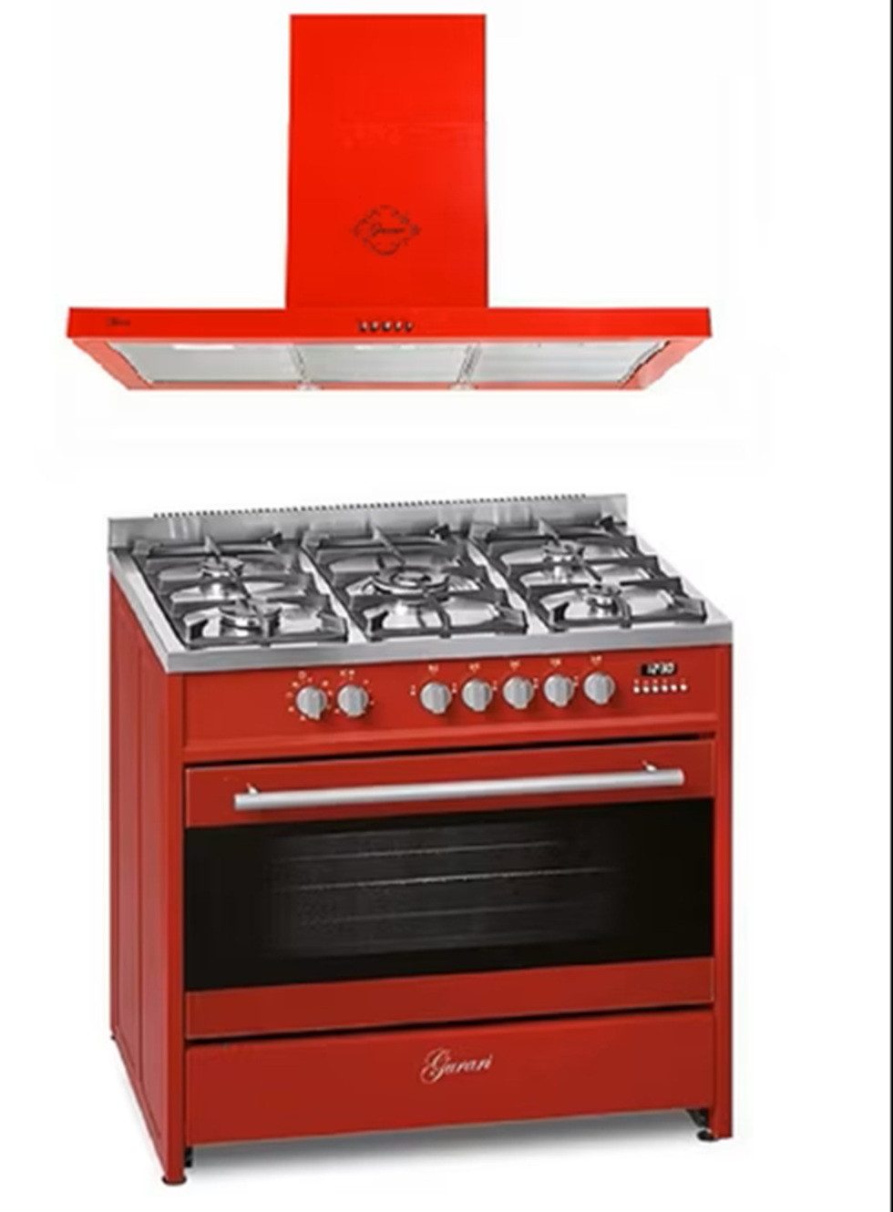 GURARI Gas-Standherd Gas Elektro Standherd Rot 90 cm 121 L Erdgas Fl.Gas 4 Kw WOK in Rot mit Dunstabzugshaube 90 cm Rot GCH E 911 R+GCH 461 RD 9 N, mit 1-fach-Teleskopauszug, Gas Elektro Standherd 90 cm 121 L+Dunstabzugshaube 90 cm