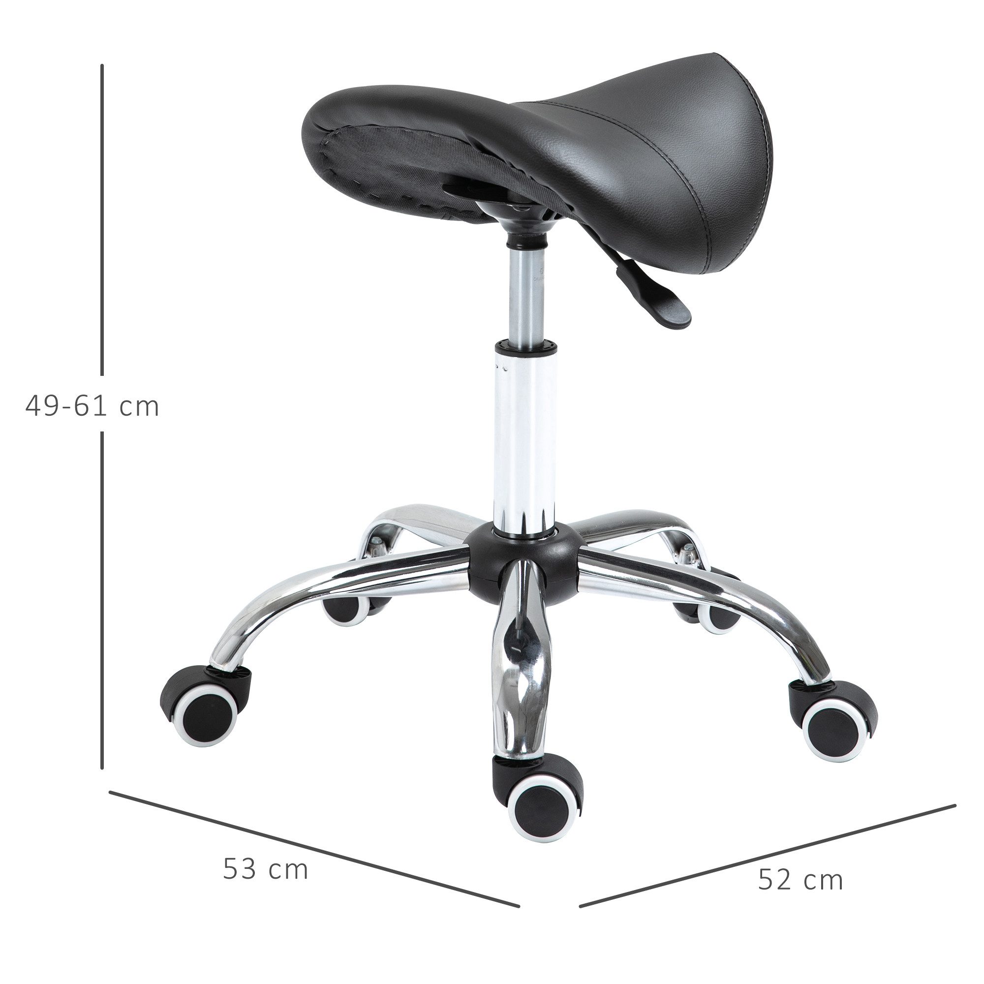 HOMCOM Rollsitz höhenverstellbarer Sattelhocker Drehstuhl Drehhocker (Kosmetikhocker, 1 St., Arbeitshocker), Schwarz 52 x 53 x 49-61 cm