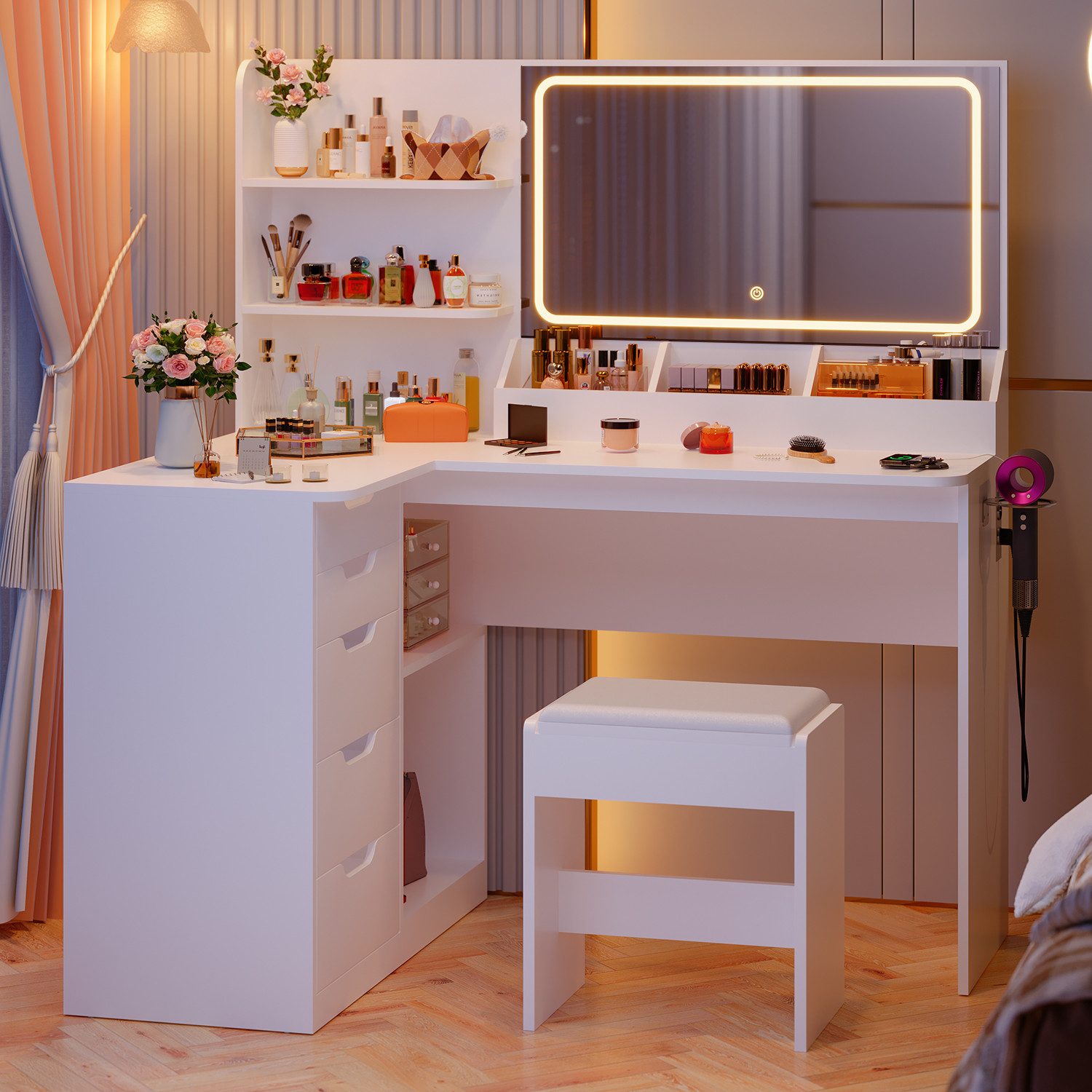 Furnicopia Schminktisch LED-Schminktisch mit großer Ablagefläche und Hocker günstig online kaufen