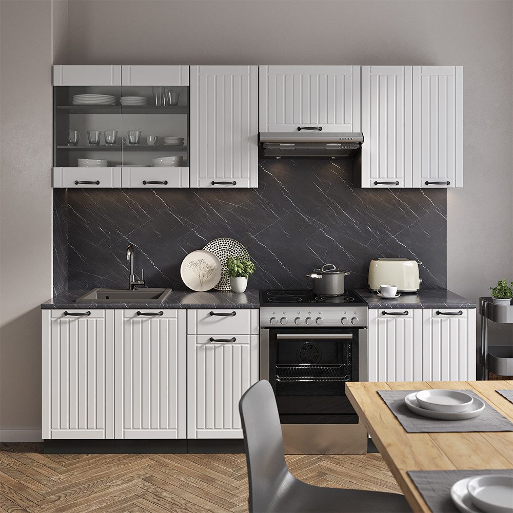 Vicco Küchenzeile Fame-Line, Weiß Landhaus/Anthrazit, 240 cm, AP Anthrazit