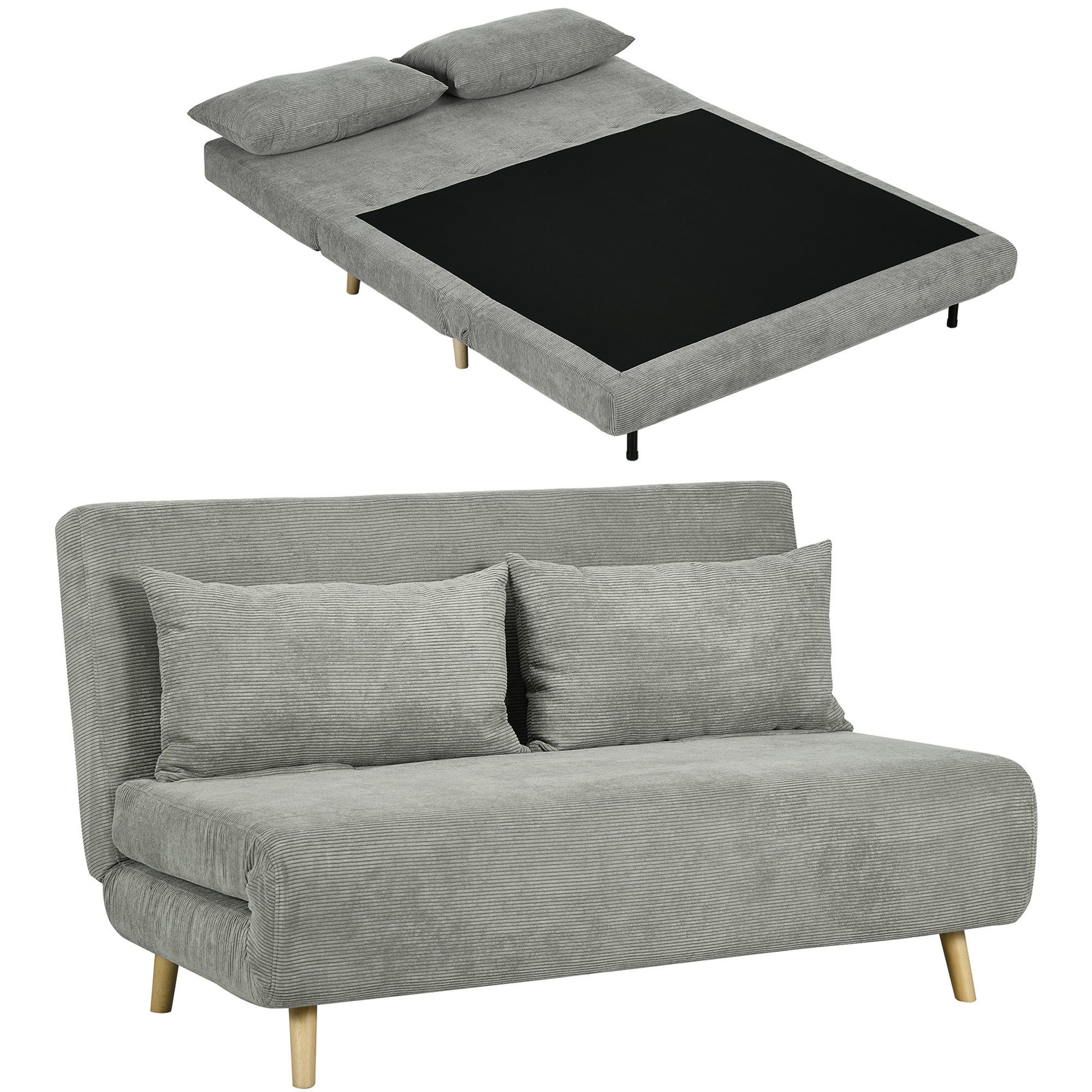HOMCOM Schlafsofa Doppelschlafsofa mit 3-fach verstellbarer Rückenlehne und 2 Kissen, Polstersofa 1 Teile, für Wohnzimmer, Schlafzimmer, Hellgrau