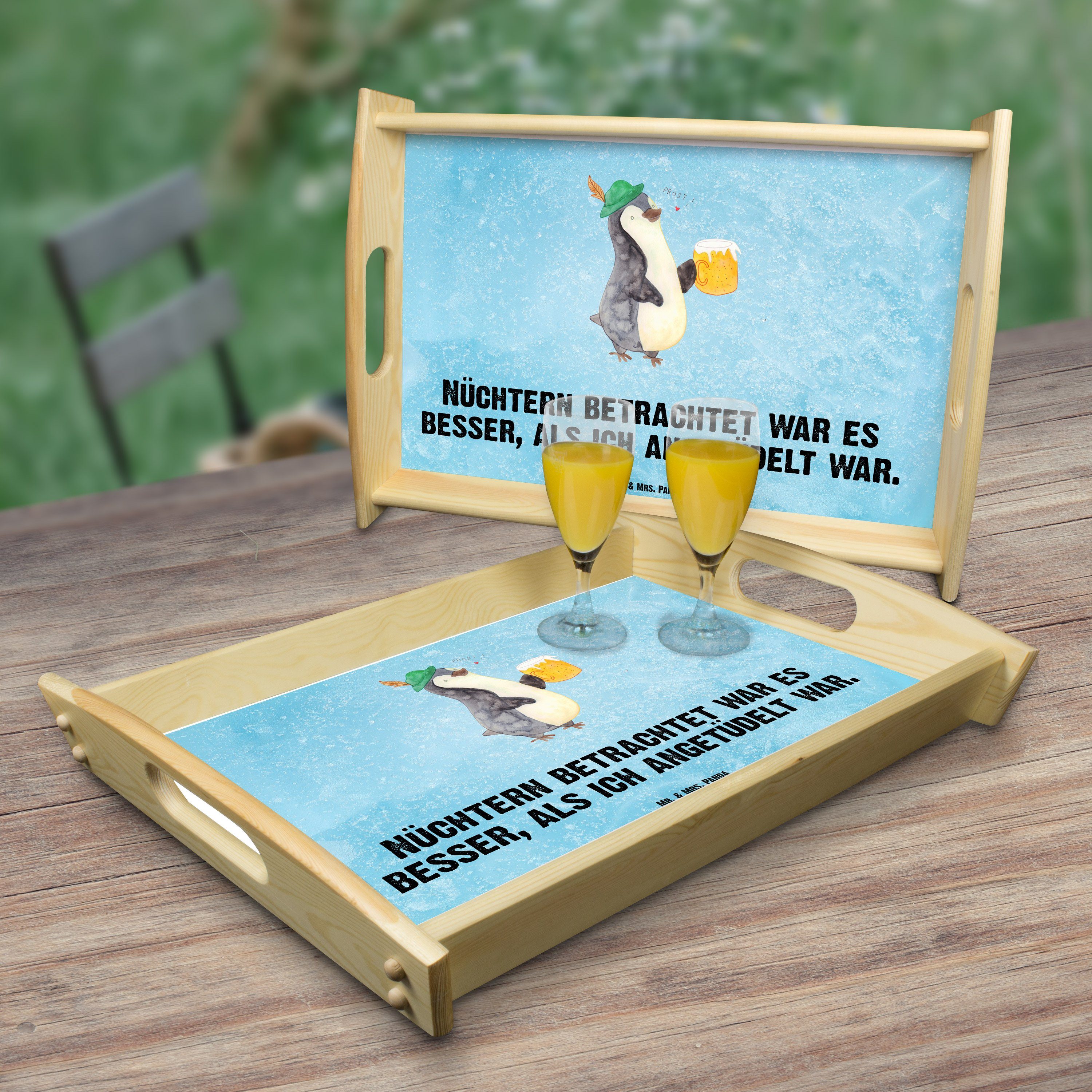 Mr. & Mrs. Panda Tablett Pinguin lasiert, Ho, (1-tlg) - Tablett, Geschenk, Bier Echtholz Pinguine, Eisblau Dekotablett, 