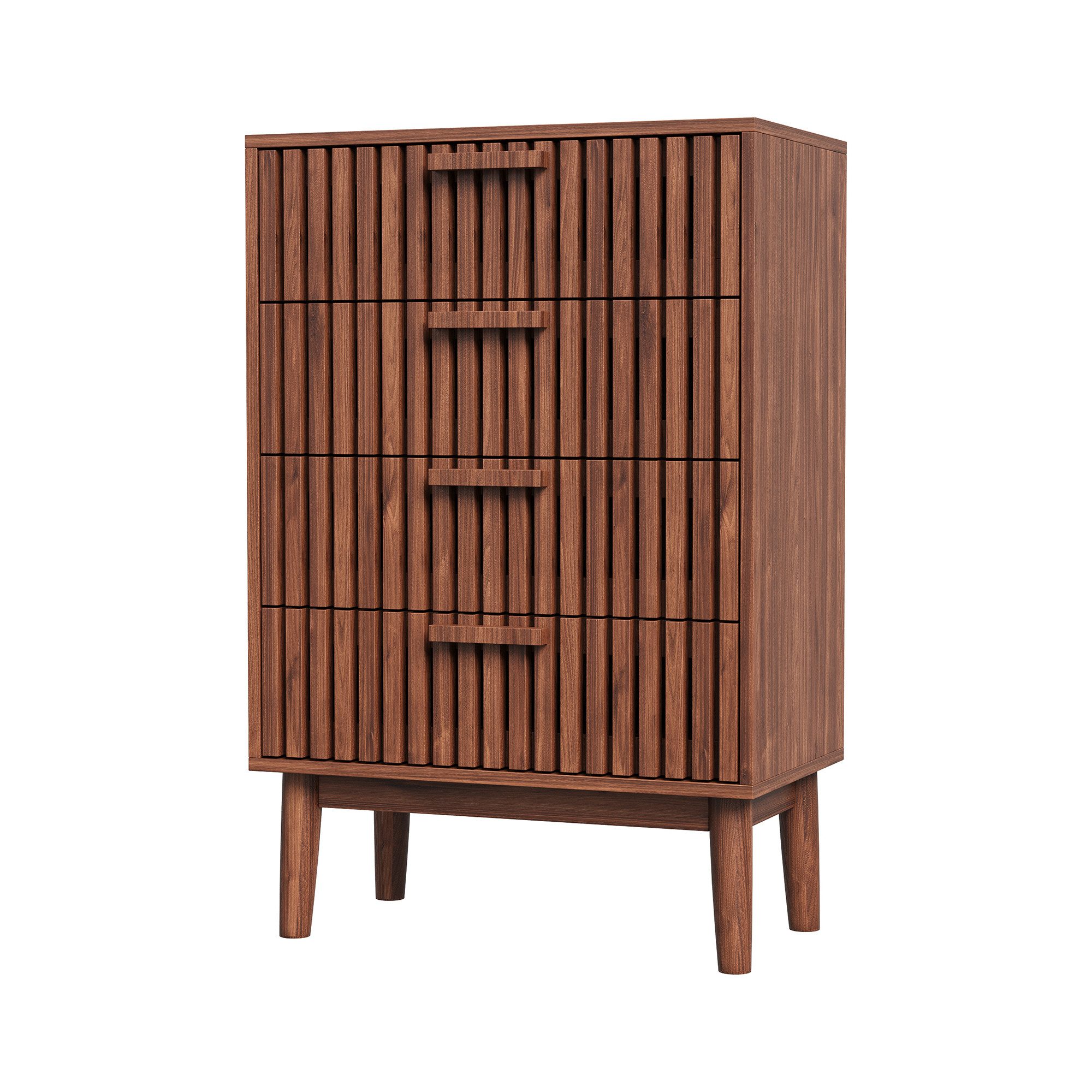 FUROKOY Kommode Sideboard Holz Schrank für Wohnzimmer Schlafzimmer, Aufbewahrungskommode mit 4 Schubladen,Walnussholzfarbe