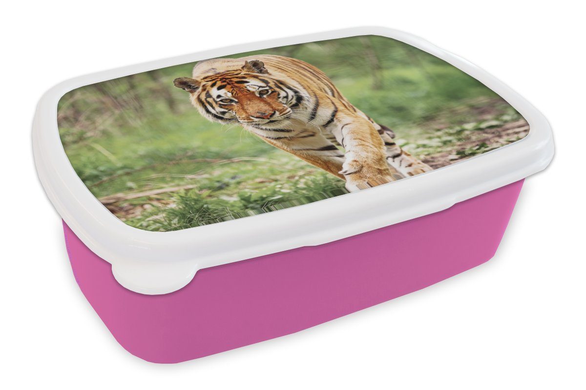 MuchoWow Lunchbox Tiger - Wald - Laufen, Kunststoff, (2-tlg), Brotbox für Erwachsene, Brotdose Kinder, Snackbox, Mädchen, Kunststoff rosa