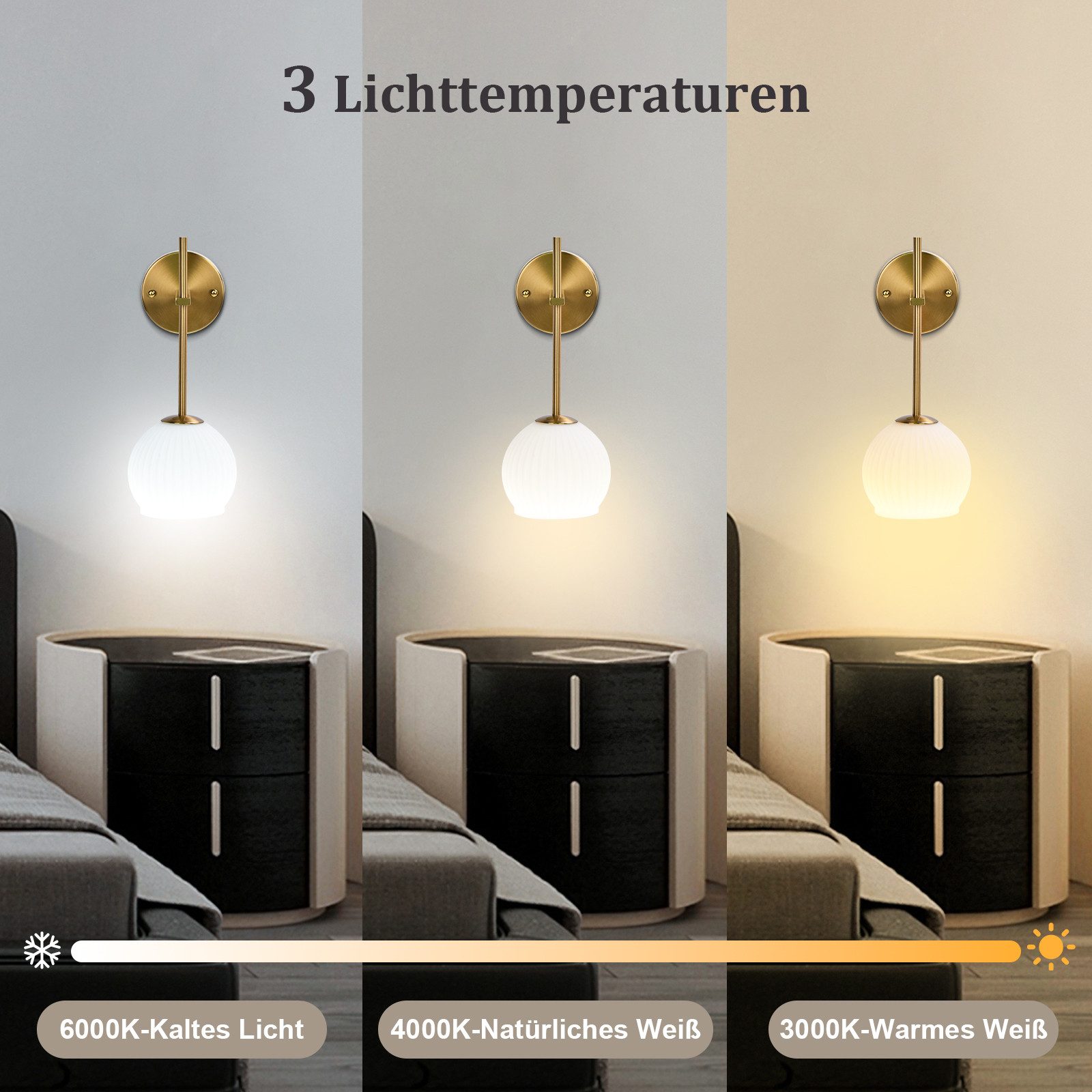 Rosnek LED Wandleuchte Akku Wandleuchte gold, kabellos, dimmbar mit Fernbedienung, LED wechselbar, RGB Licht, Glas-Schirm, für Wohn-, Schlaf- und Flurbereich