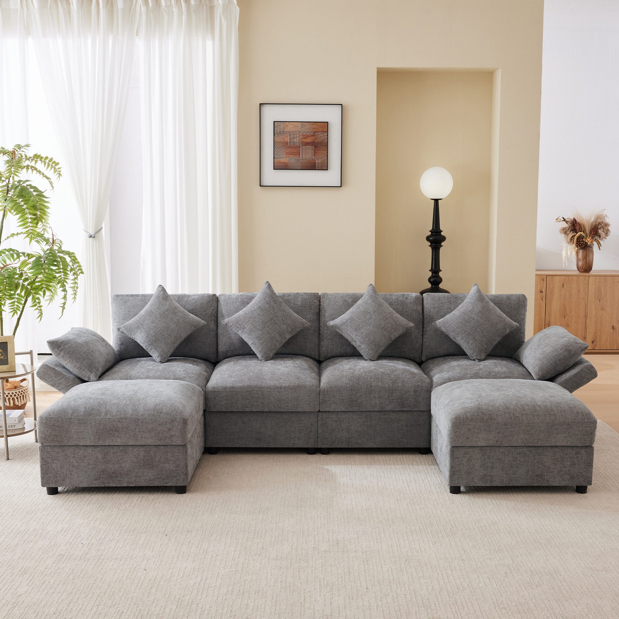 Merax Ecksofa aus Chenille, Modulares Sofa mit verstellbaren Armlehnen, für 4-6 Personen 1 Teile, U-/L-förmiges Sofa mit 2 Hockern, 4 Kissen & 2 Kopfstützen, wandelbar