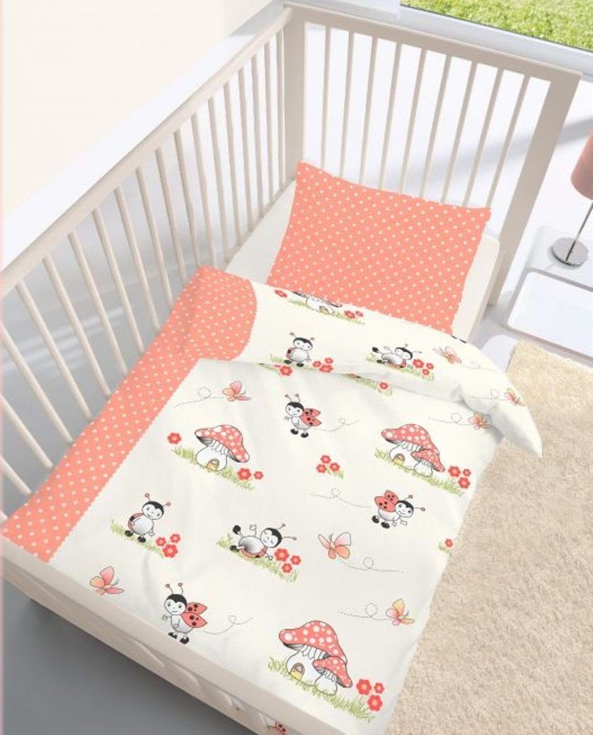 ido Babybettwäsche Baby Bettwäsche Käferchen Pilze 40 x 60 cm + 100 x 135 cm, 1 teilig, Langlebig