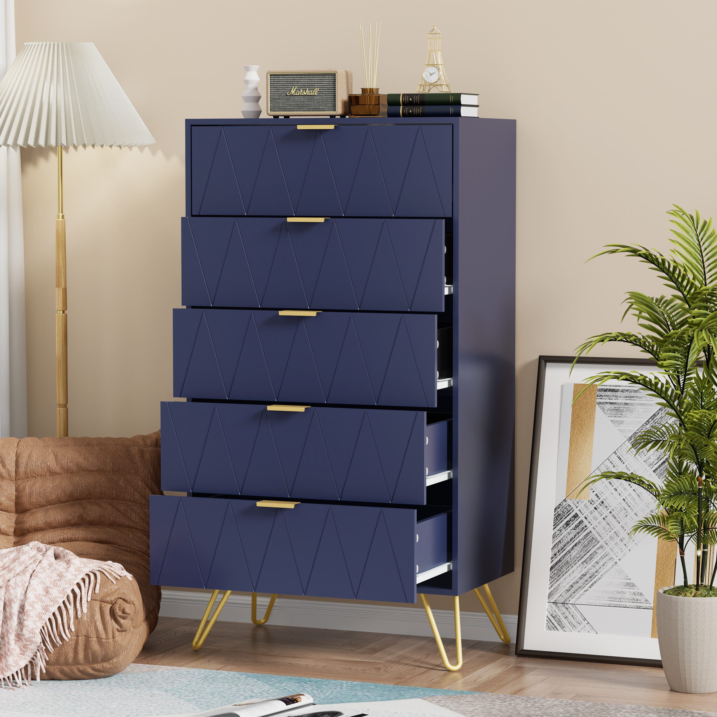 UEV Kommode mit 5 Schubladen, Highboard, Schmal Beistellschrank (Mehrzweckschrank für Wohnzimmer Schlafzimmer Büro Flur, Sideboard mit Schubladen weiß/schwarz/dunkel blau), 60x34x110cm, Schubladenschrank, Aufbewahrungsschrank, mit Kisppschutz