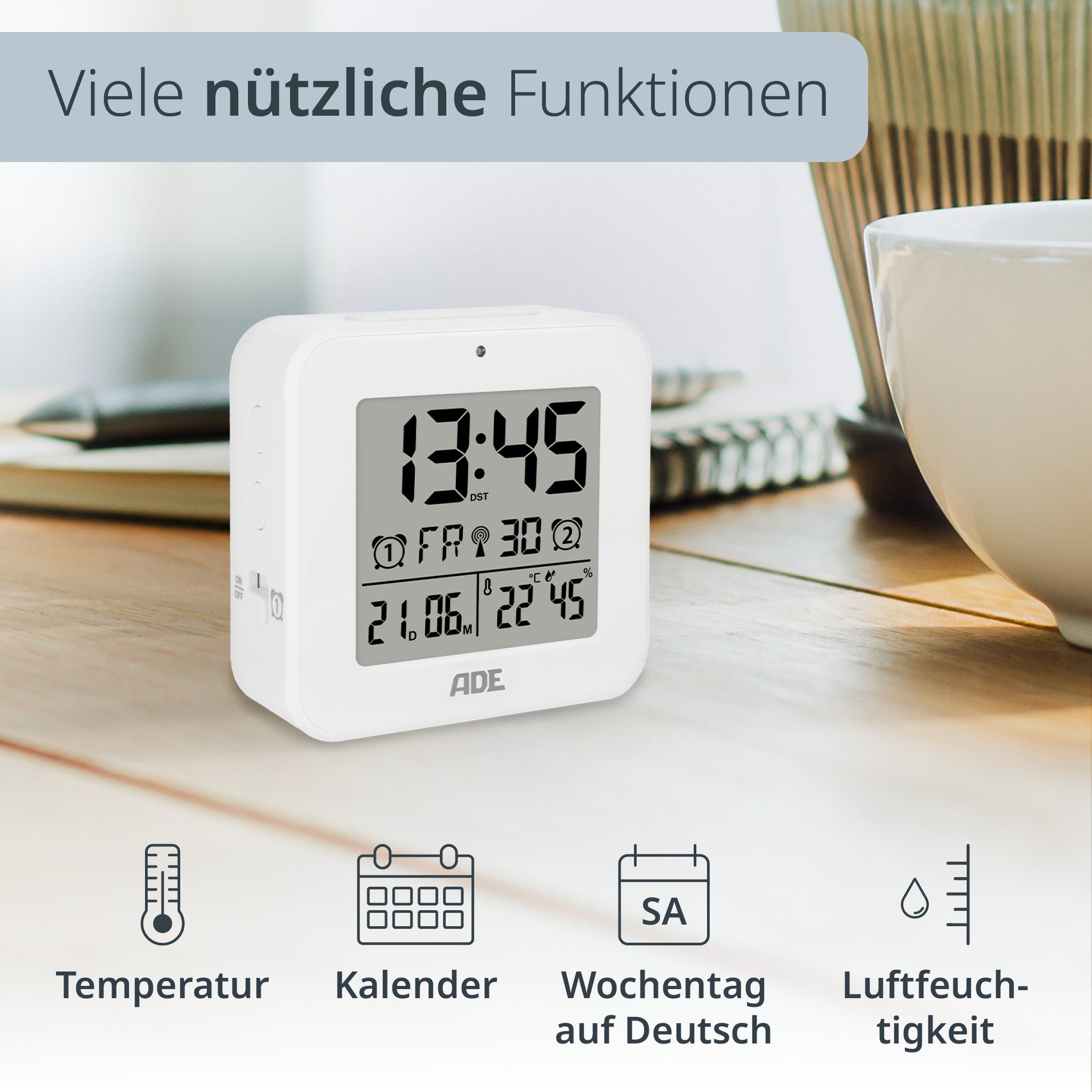 ADE Funkwecker Wecker digital funk mit Temperatur und Luftfeuchtigkeit auto günstig online kaufen