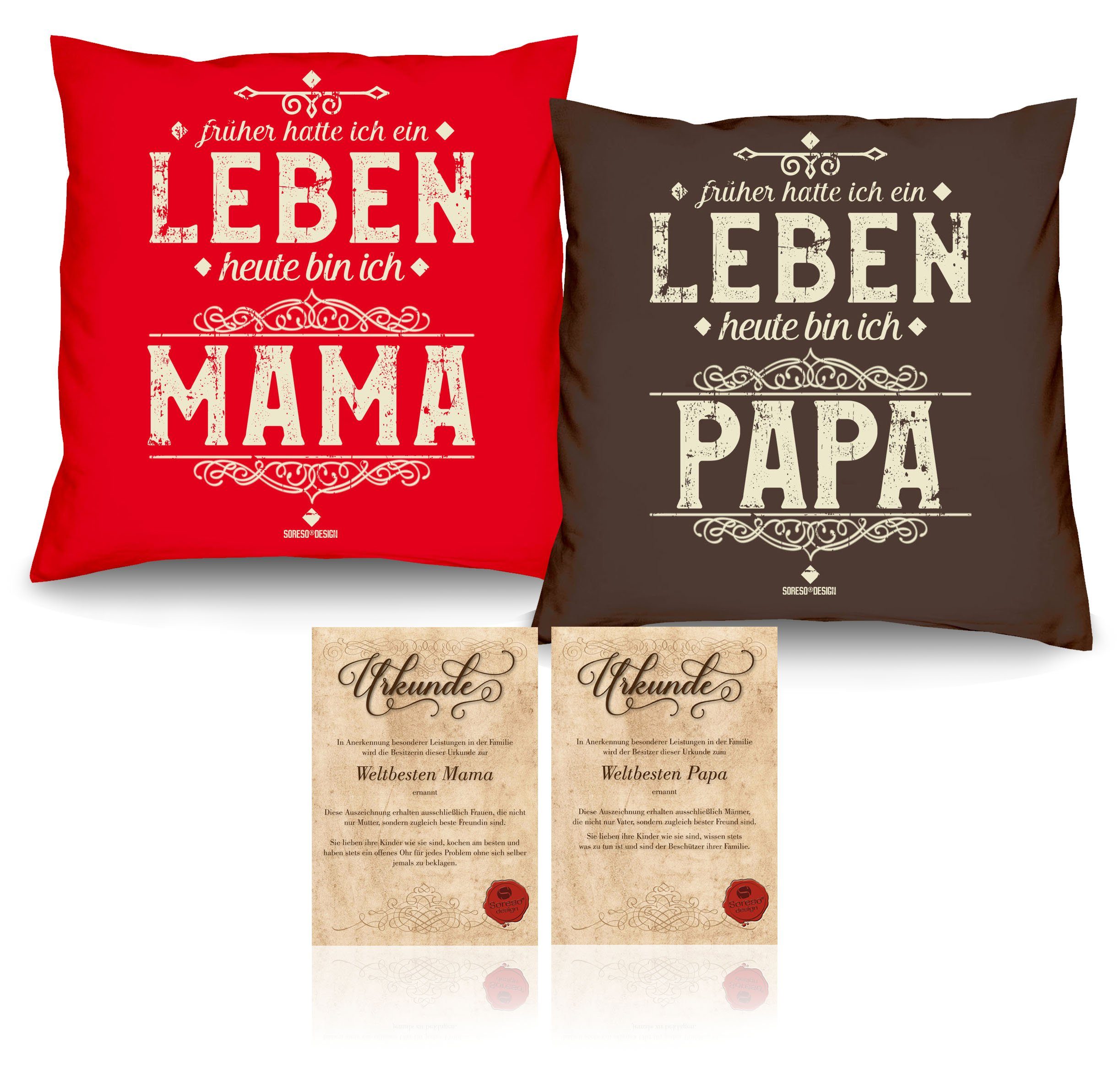 Soreso® Dekokissen Kissen-Set Heute bin ich Mama Heute bin ich Papa mit Urkunden, Geschenkidee Hochzeitstag braun