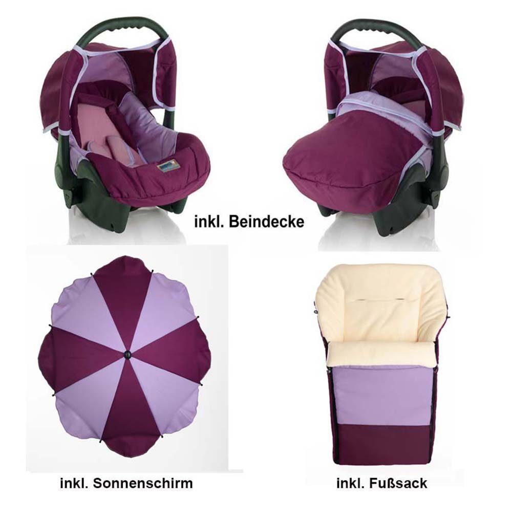 Bordeaux-Flieder inkl. 5 - - Autositz Kinderwagen-Set Kombi-Kinderwagen 1 Farben in Flash 18 babies-on-wheels Teile 17 in