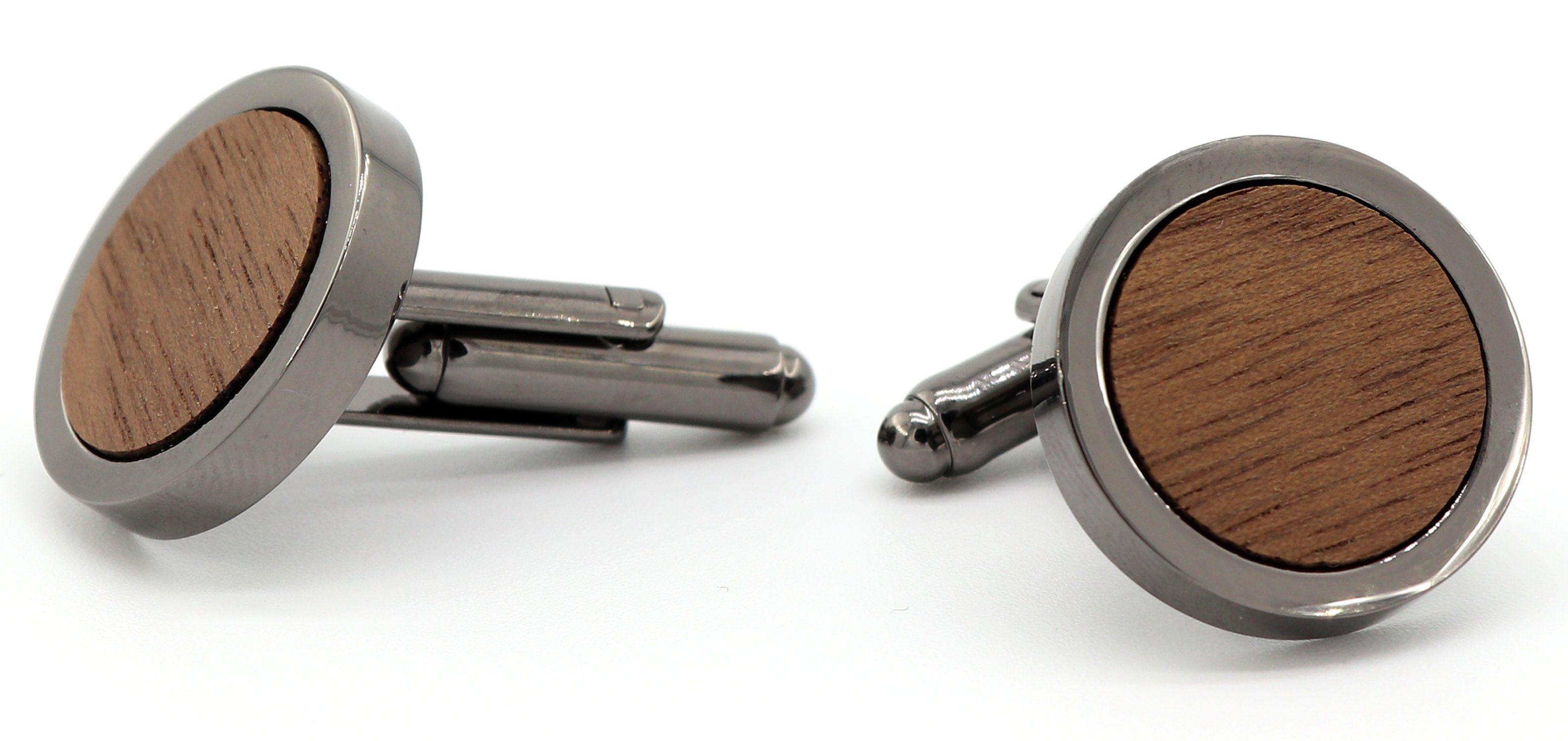 zur / Rund Manschettenknöpfe (schwarz silber, Hochzeit, Holz NaturSchatulle Klassik aus Cufflinks Anzug Nussbaum Holz),